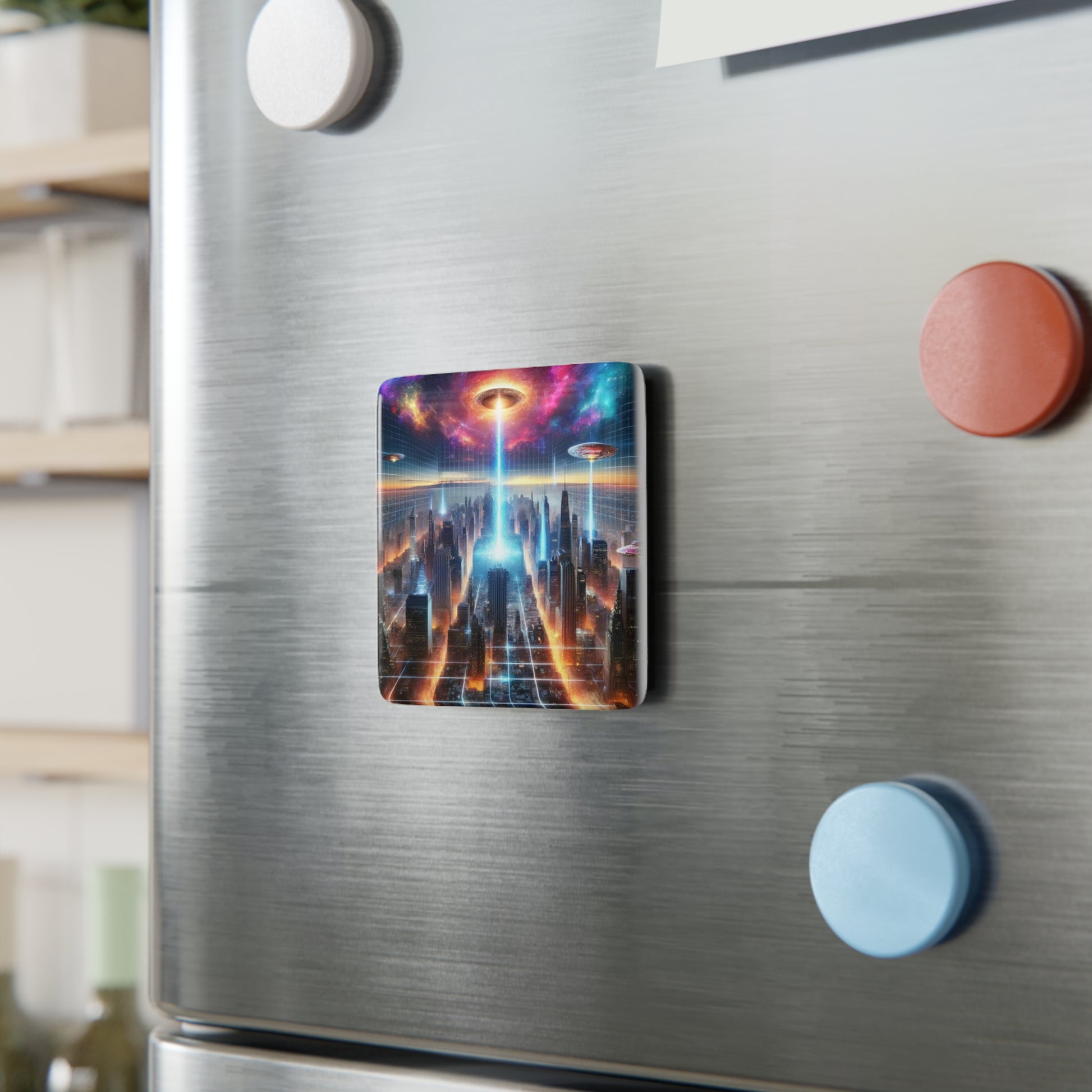 Galactic Event Magnet attached to a metallic surface, adding a stunning cosmic touch to any space.