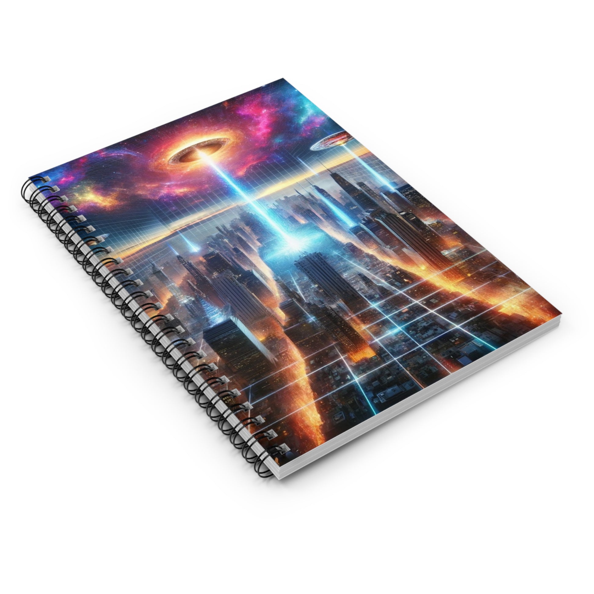 The Galactic Event Notebook displayed at an angle, highlighting its sleek design and high-quality binding for long-lasting use.