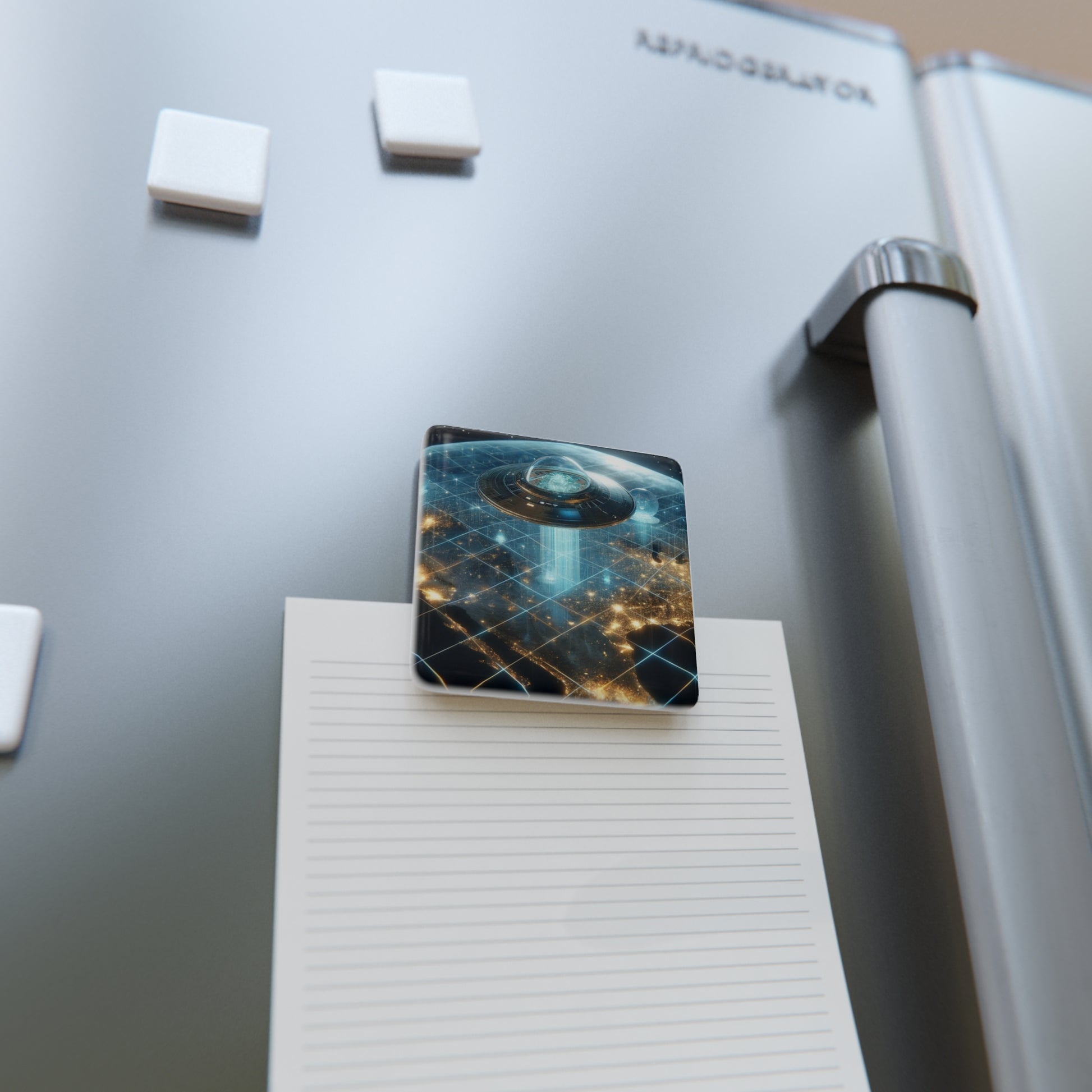 The Galactic Guest II Magnet on a refrigerator holding a note, combining functionality with artistic design.
