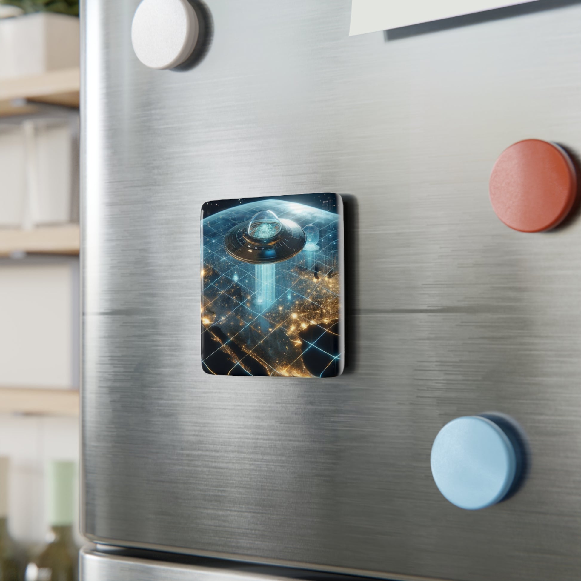 The Galactic Guest II Magnet securely placed on a metallic surface, showcasing its premium quality and vivid artwork.