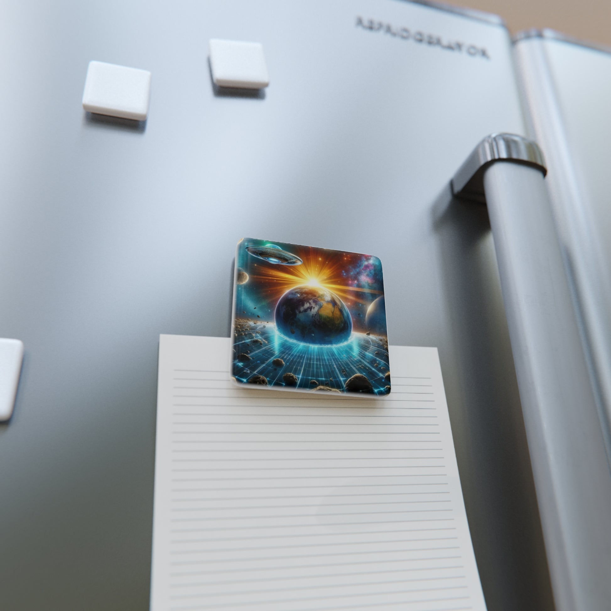 The Galactic Guest III Magnet holding a note on a refrigerator, a stylish and functional space-themed decor piece.