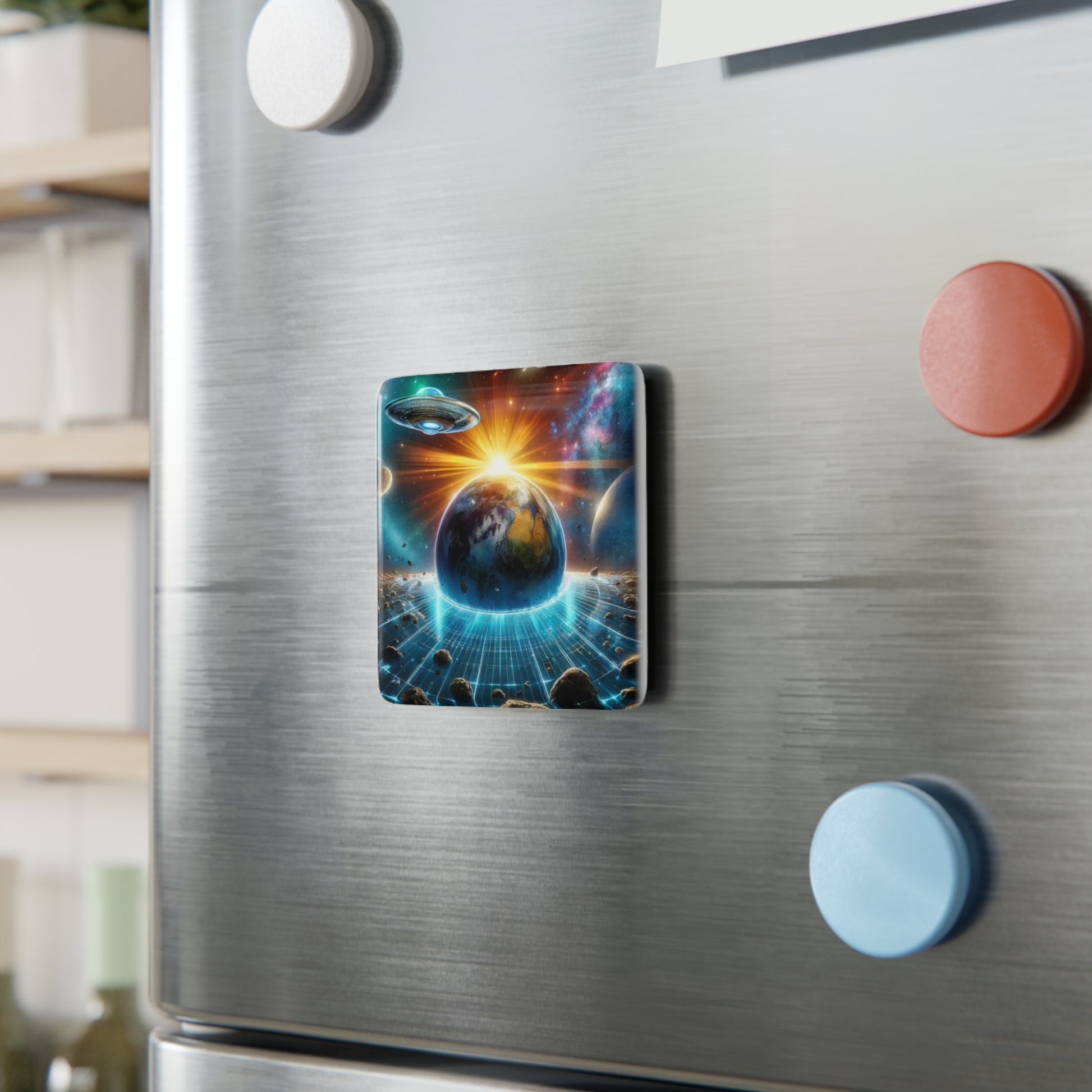 The Galactic Guest III Magnet securely placed on a metallic surface, showcasing its vibrant design and durability.
