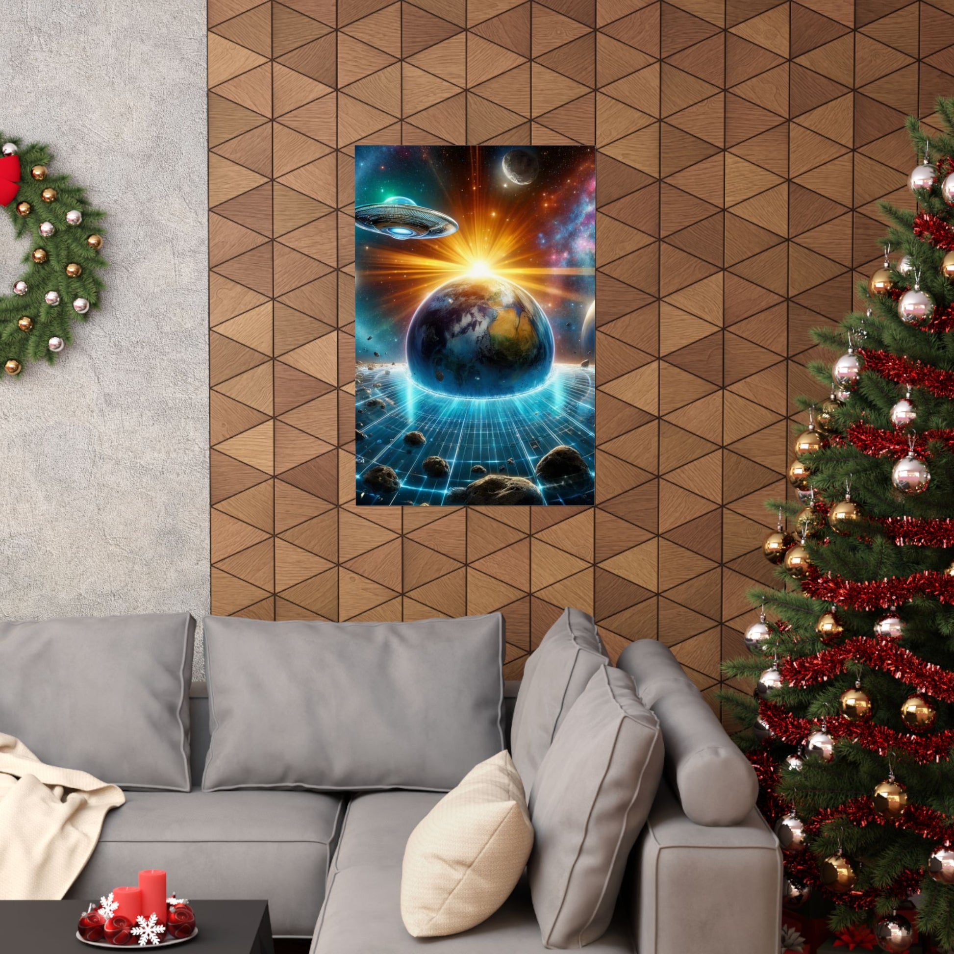 The Galactic Guest III Poster displayed above a couch, adding a futuristic and cosmic touch to modern living room decor.