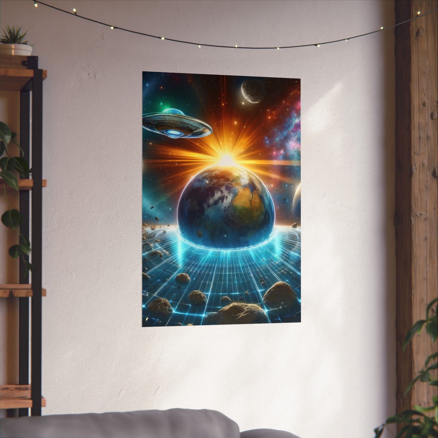 The Galactic Guest III Poster hung on a neutral wall, showcasing its stunning extraterrestrial artwork as a statement piece.