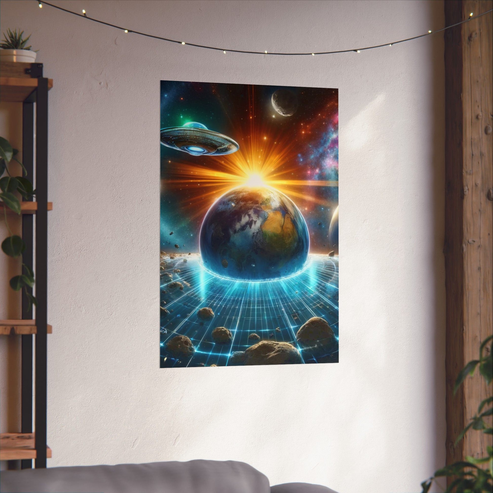 The Galactic Guest III Poster hung on a neutral wall, showcasing its stunning extraterrestrial artwork as a statement piece.