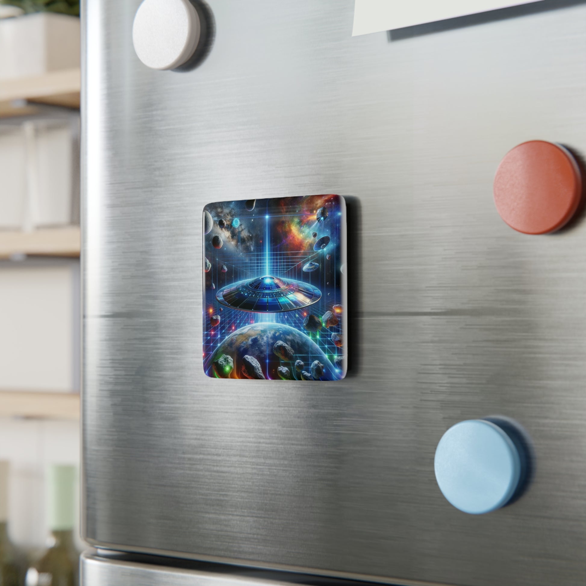 The Galactic Guest I Magnet attached to a metallic surface, adding a touch of cosmic energy to any space.