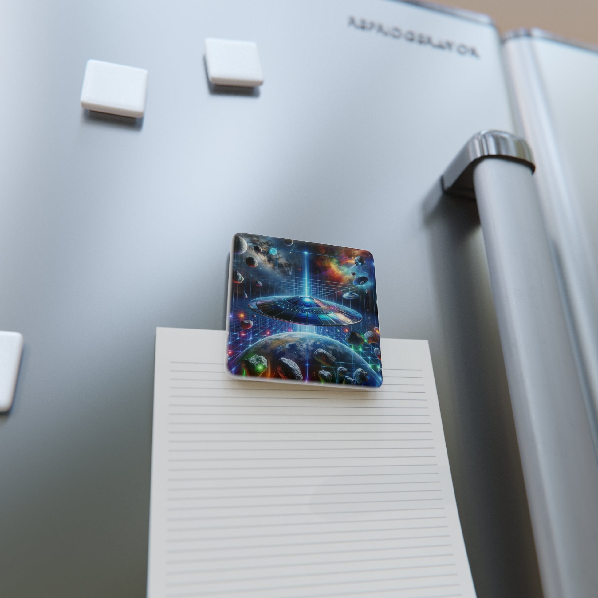 The Galactic Guest I Magnet holding a note on a refrigerator, combining style with practical functionality.