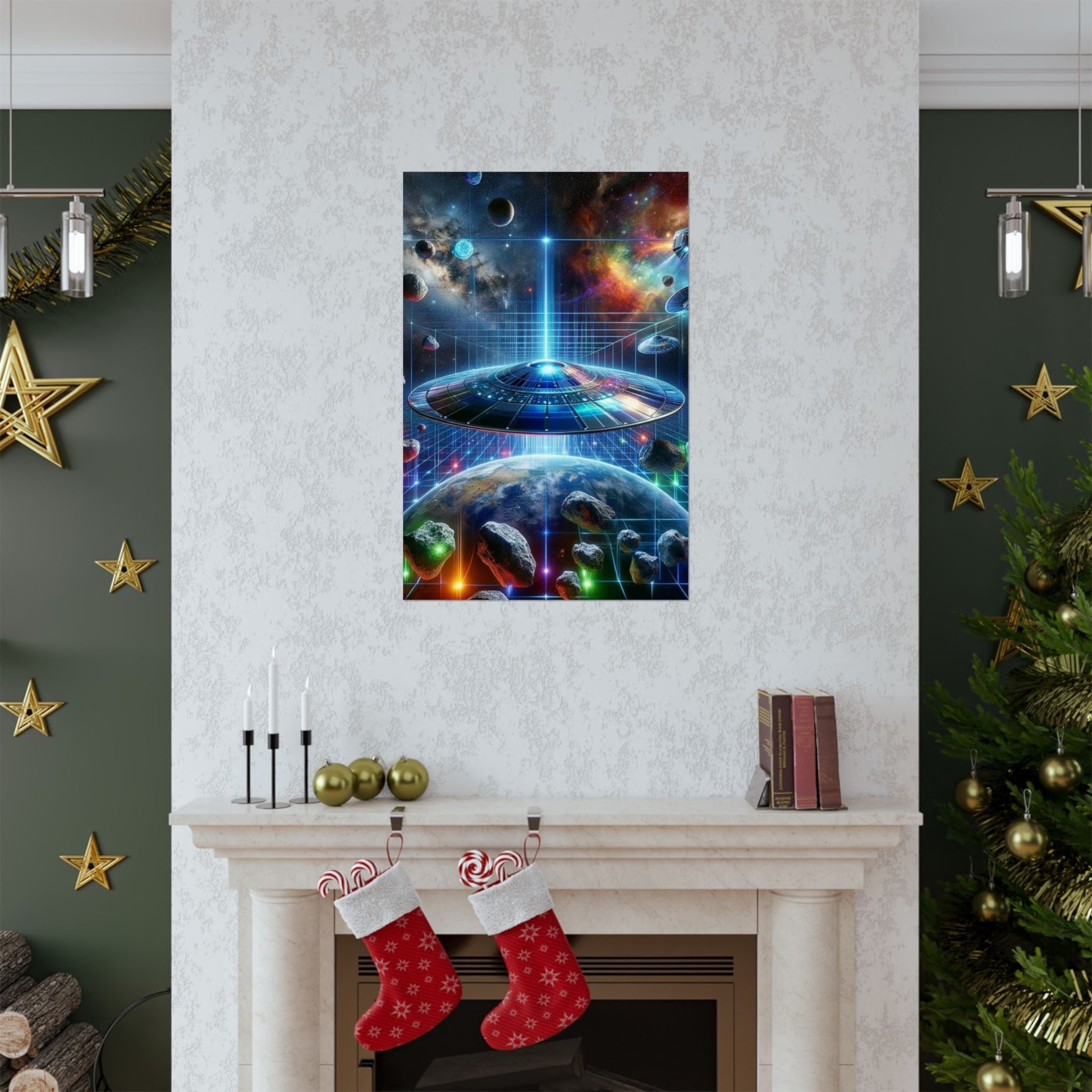 The Galactic Guest I Poster positioned above a fireplace, creating a striking focal point with its deep space design.