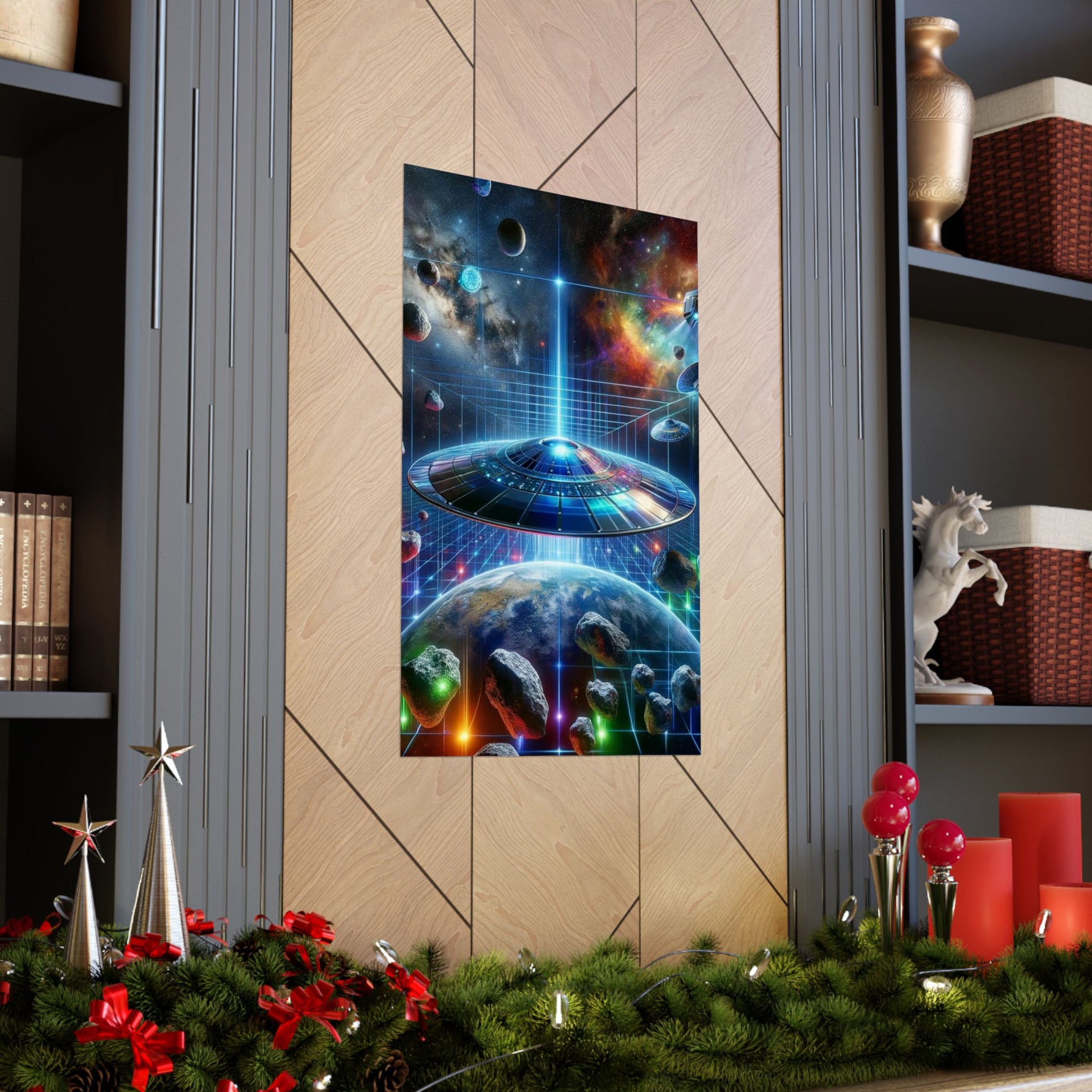 The Galactic Guest I Poster elegantly placed between two shelves, creating an immersive cosmic aesthetic.