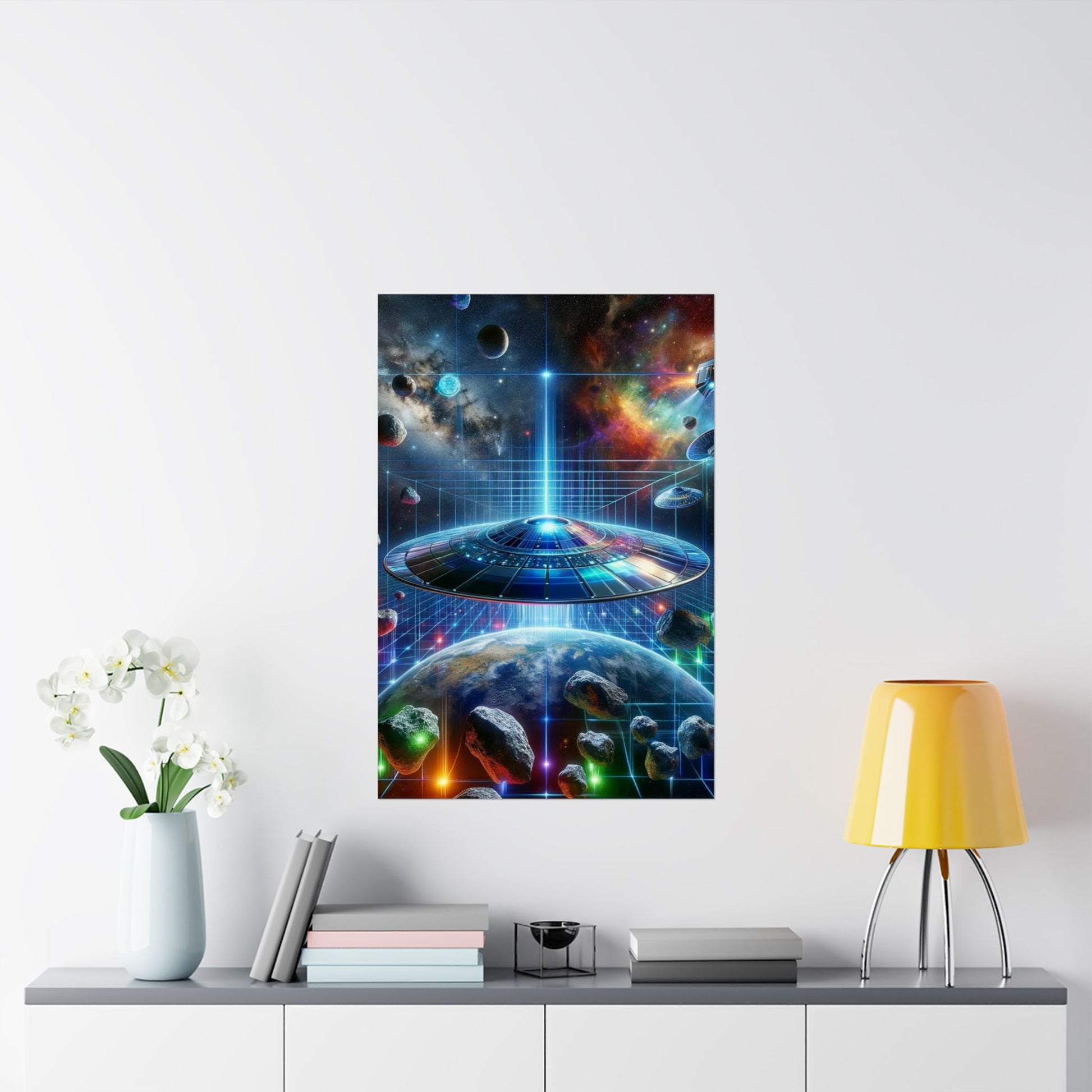 The Galactic Guest I Poster above a desk, adding an inspirational cosmic vibe to a home office or creative workspace.