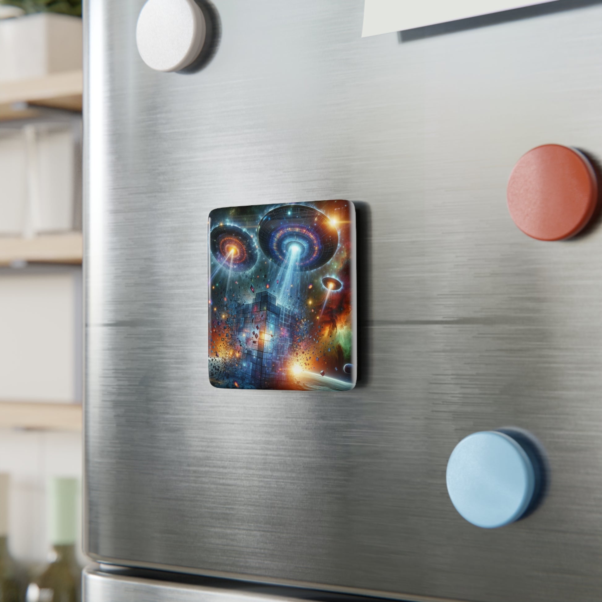 The Interstellar Intruders Magnet securely attached to a metallic surface, showcasing its vibrant sci-fi design.