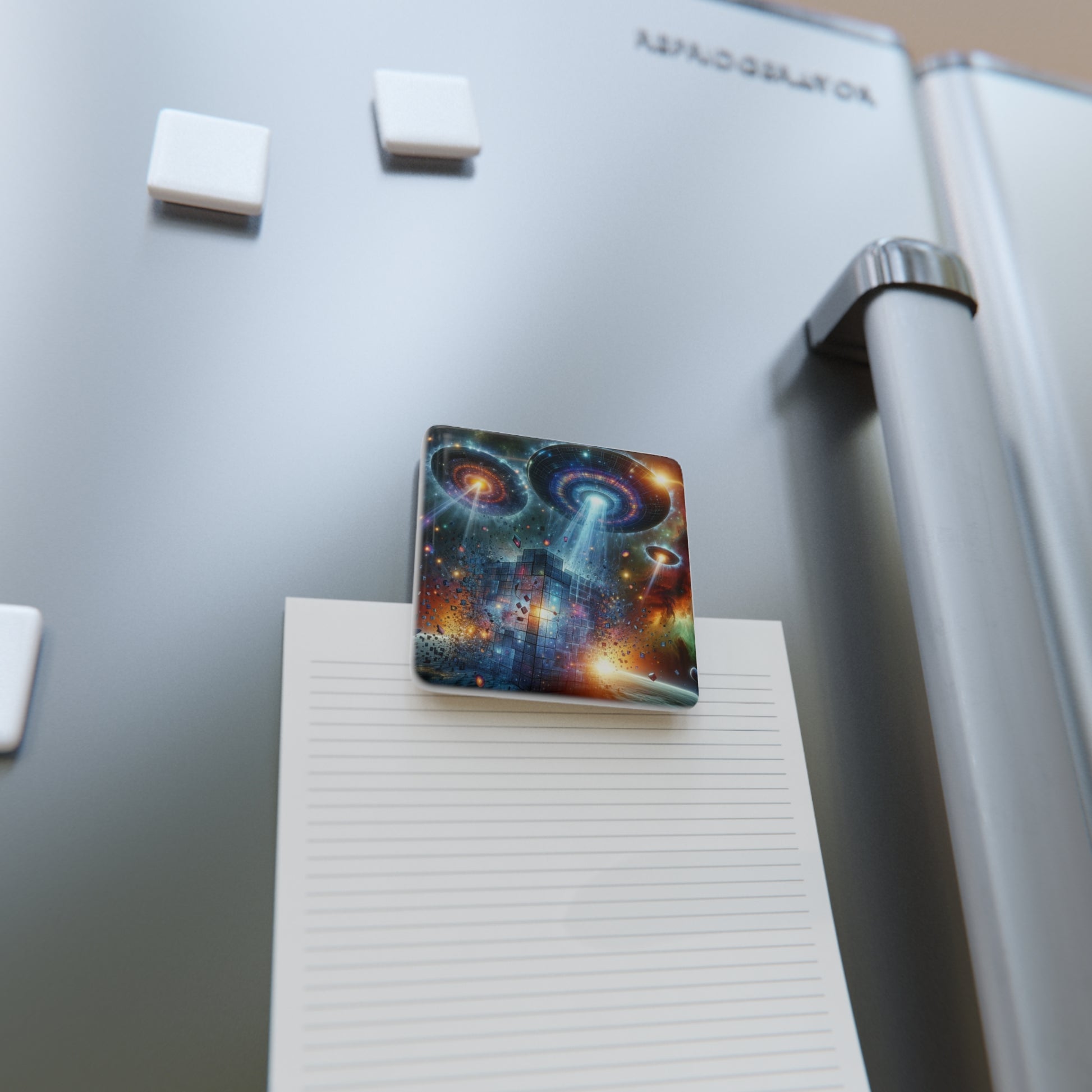 The Interstellar Intruders Magnet holding a note on a refrigerator, blending function and futuristic style.