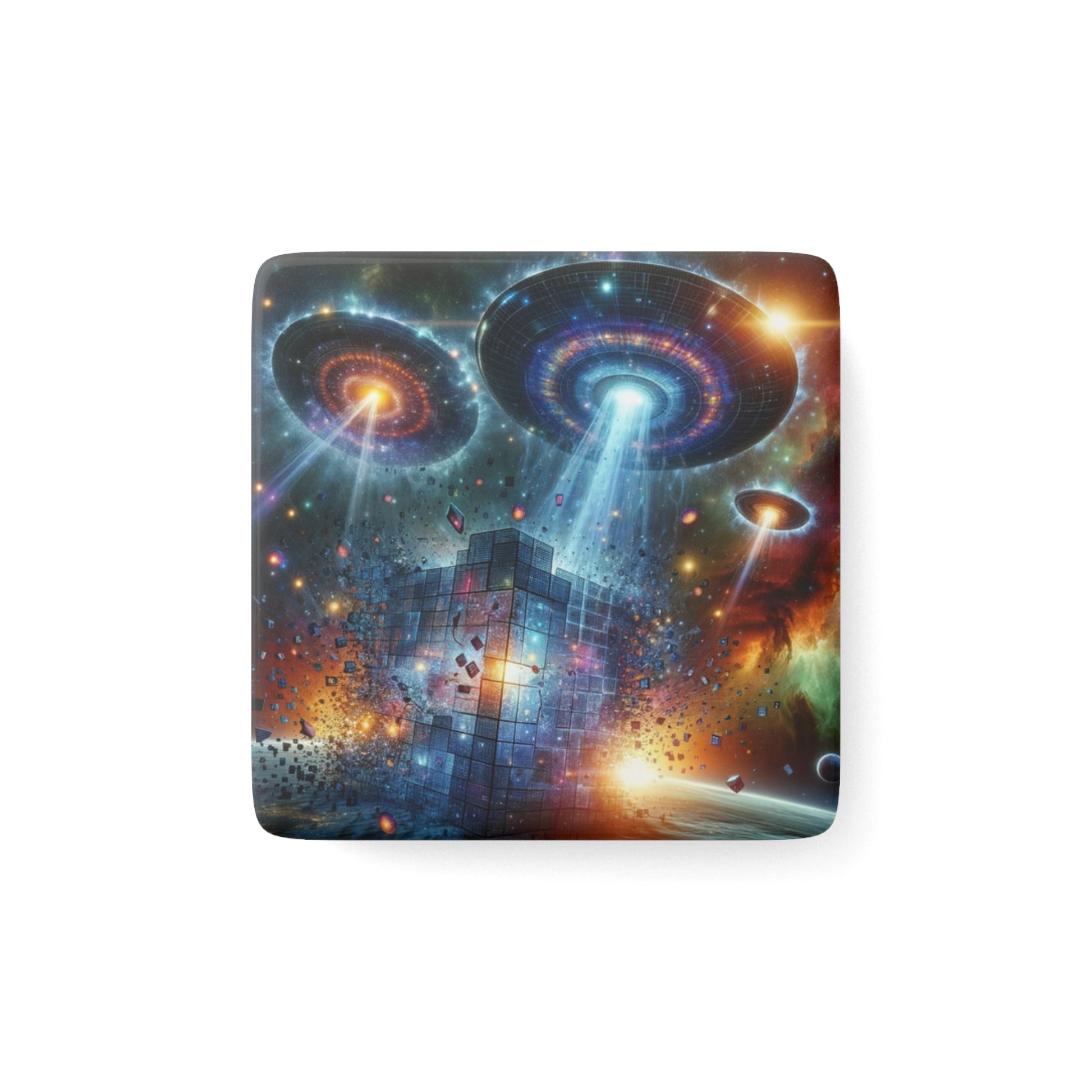 The Interstellar Intruders Magnet featuring detailed sci-fi artwork, perfect for collectors and space enthusiasts.