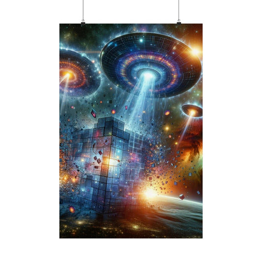 Interstellar Intruders Poster – a striking sci-fi wall art print featuring cosmic invaders and futuristic space aesthetics.