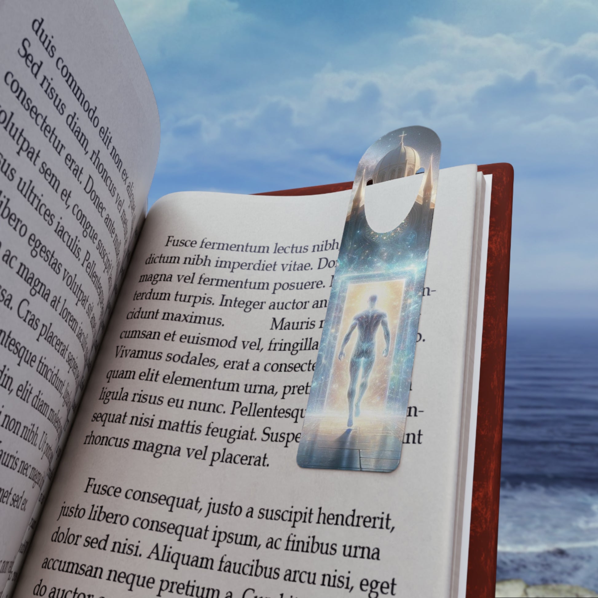 The Kingdom Bookmark placed inside a book, marking a page with its elegant fantasy design.