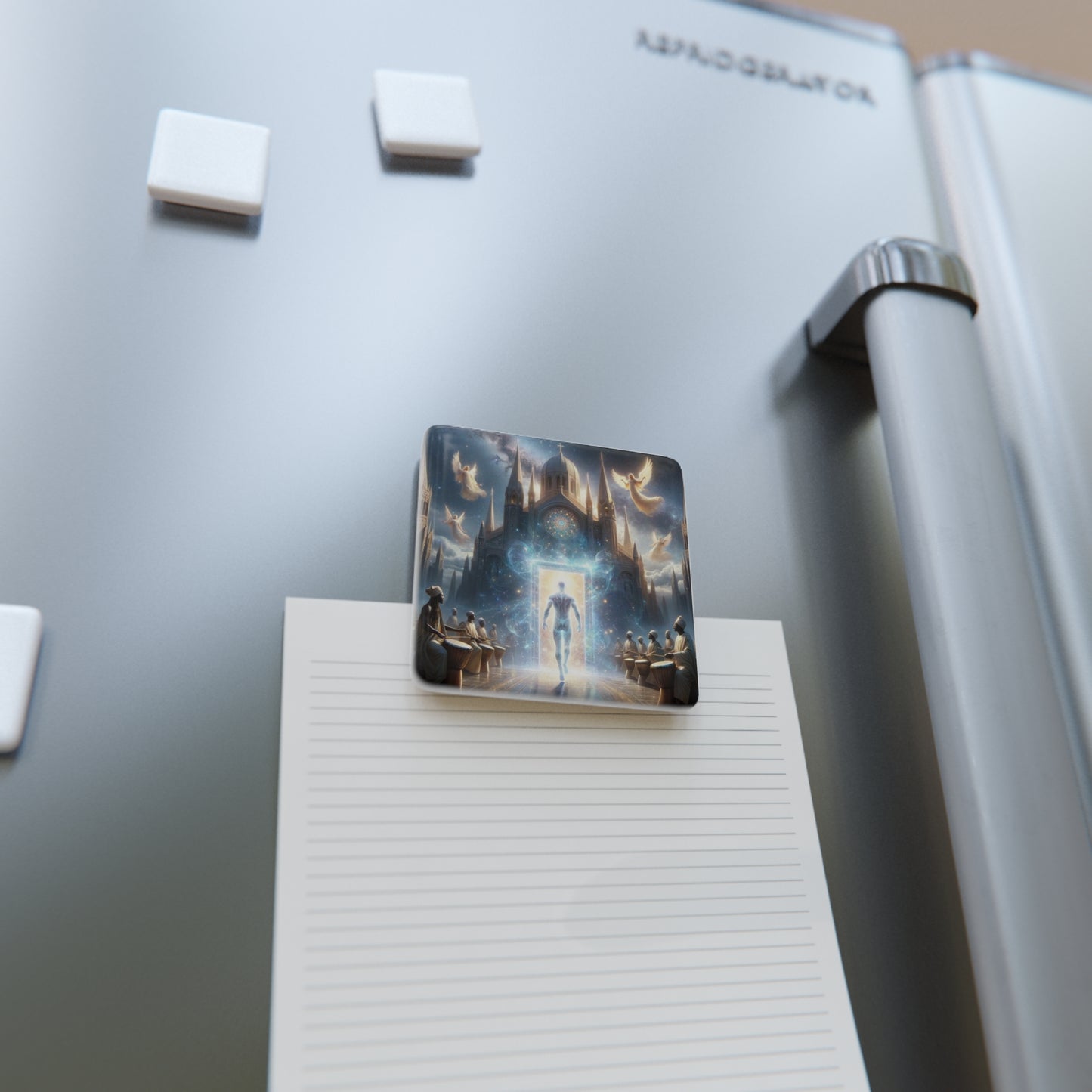 The Kingdom Magnet holding a note on a refrigerator, combining functionality with artistic beauty.