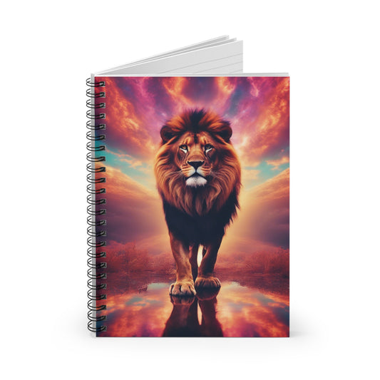 The Lone Lion Majesty Notebook open, showcasing lined pages – perfect for journaling, note-taking, or creative writing.