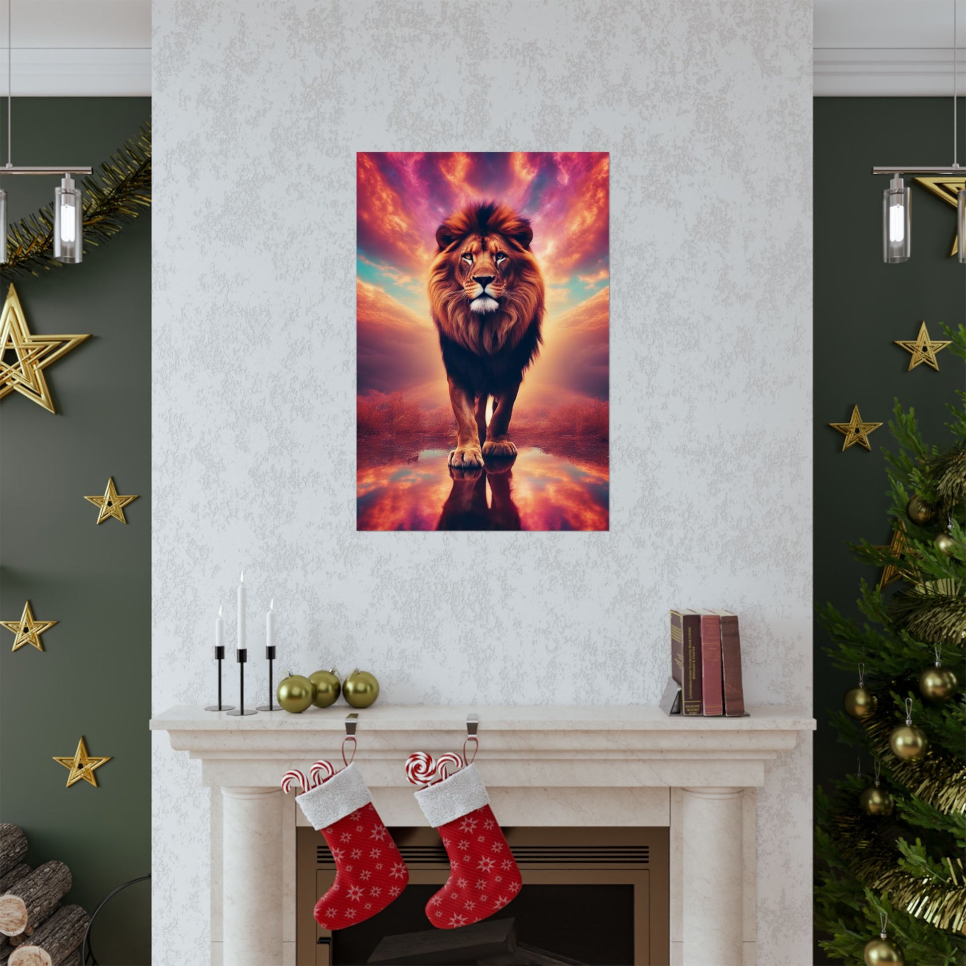 The Lone Lion Majesty Poster positioned above a fireplace, enhancing the room with its regal and powerful presence.