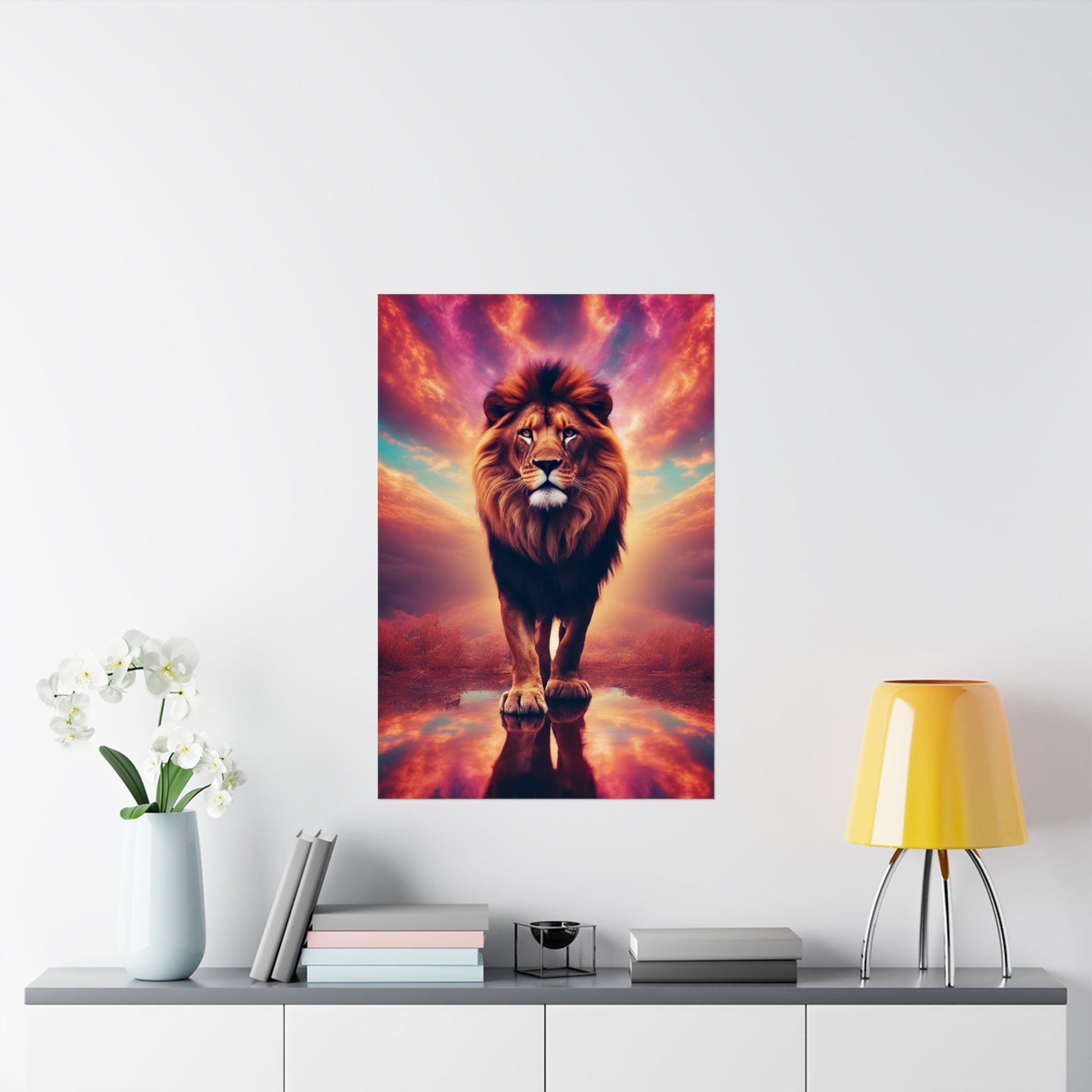 The Lone Lion Majesty Poster above a desk, inspiring confidence and focus in a stylish home office setup.