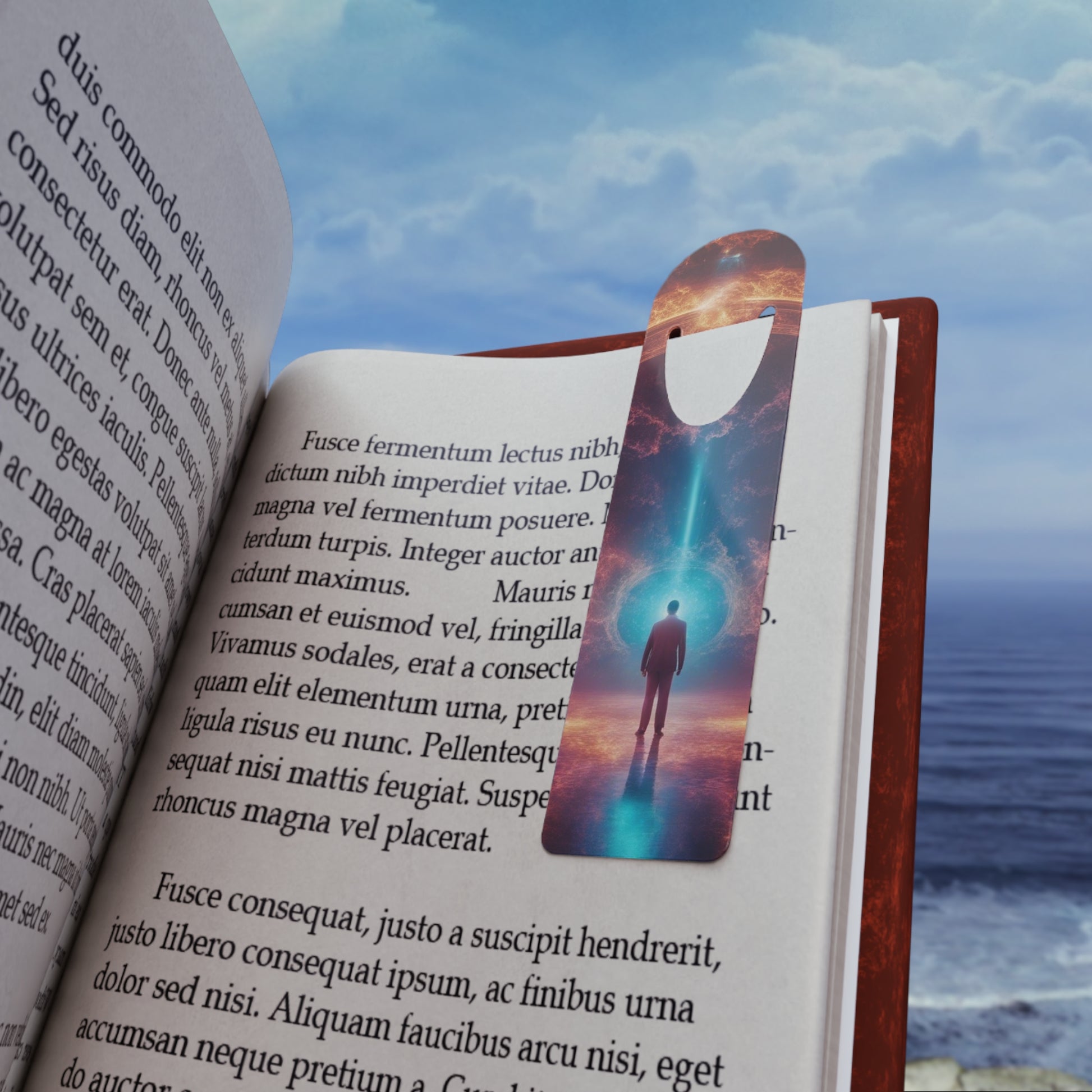 The Magic Bookmark placed inside a book, marking a page with its stunning fantasy-inspired design.