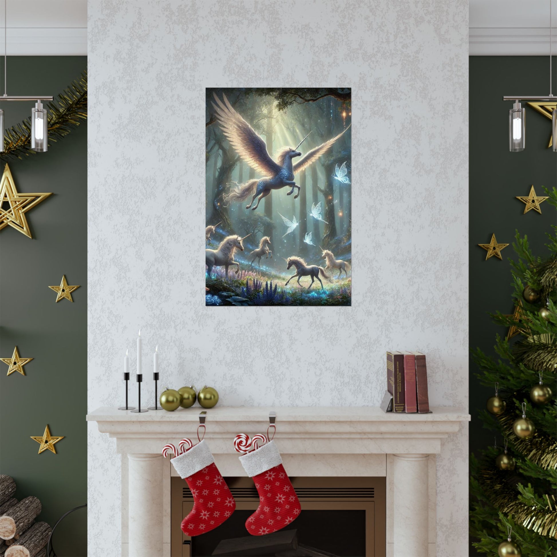 The Majestic Unicorn Poster positioned above a fireplace, radiating a sense of wonder and mystical beauty in the space.