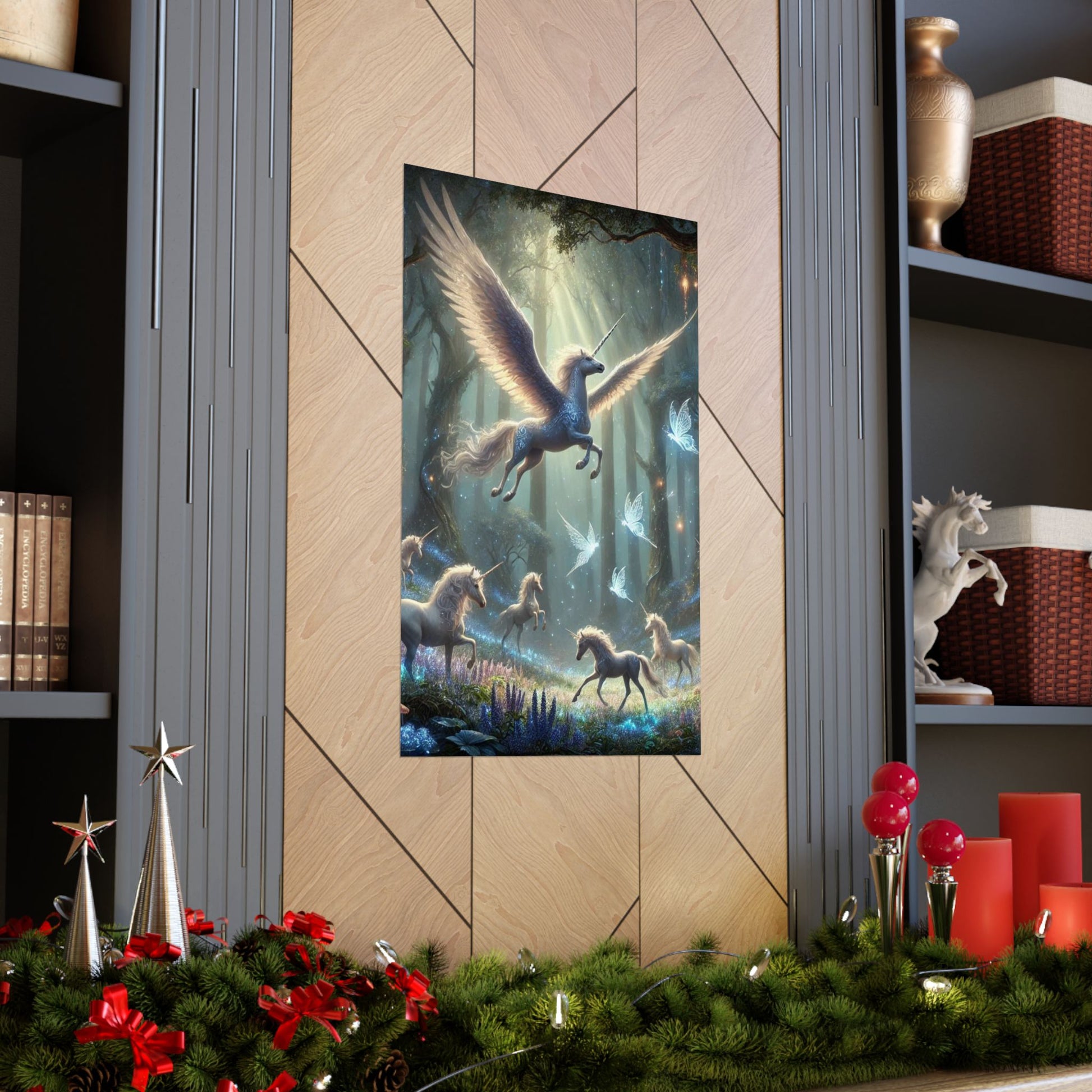 The Majestic Unicorn Poster elegantly placed between two shelves, creating a captivating modern home decor arrangement.