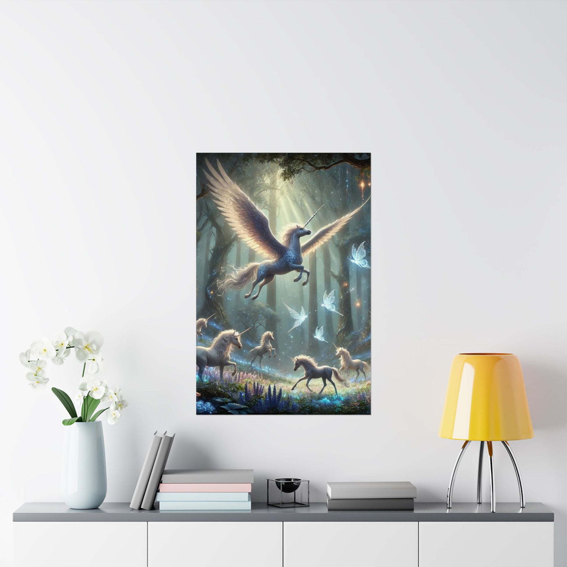 The Majestic Unicorn Poster above a desk, inspiring creativity and imagination in a stylish home office or study space.