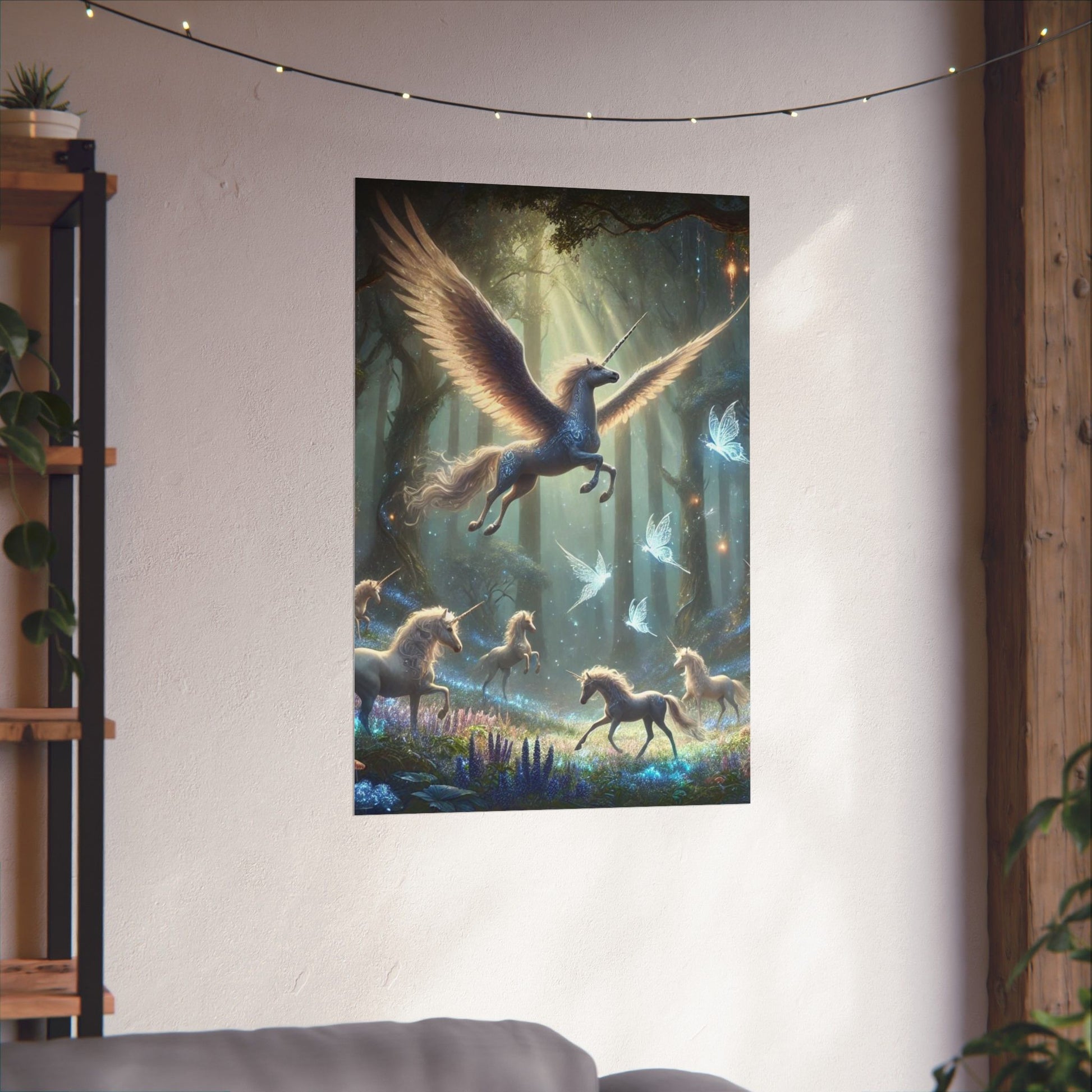 The Majestic Unicorn Poster hung on a neutral wall, showcasing its ethereal unicorn artwork as a statement decor piece.