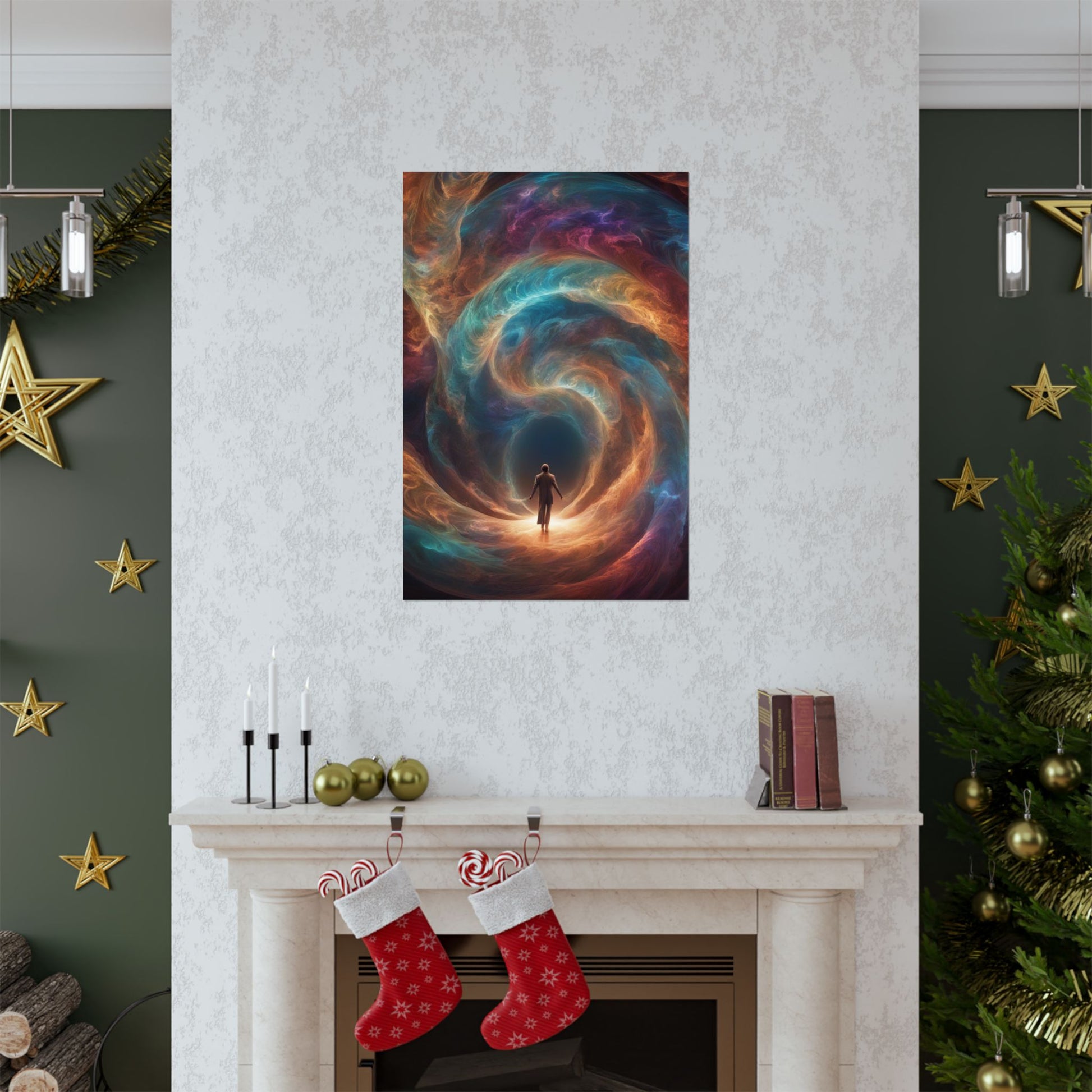 The Portal of Hope Poster positioned above a fireplace, creating a warm and inspiring focal point in the room.