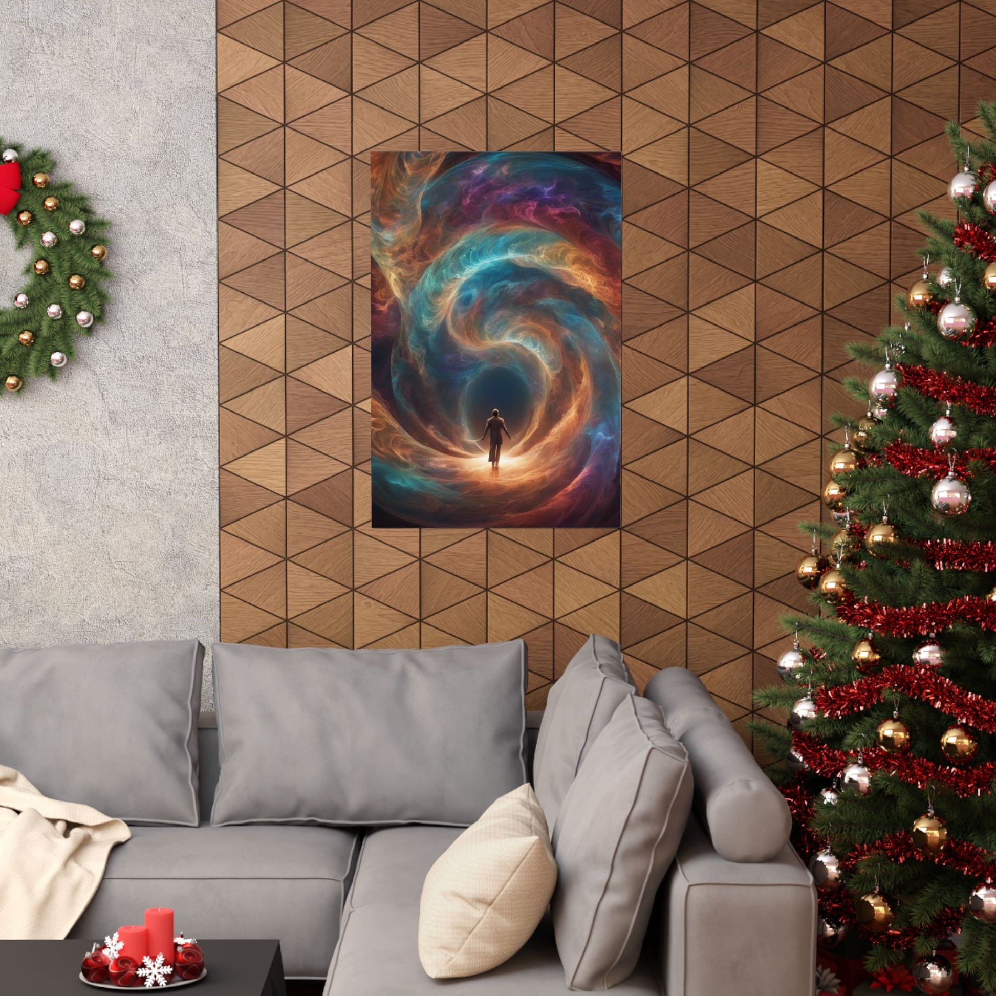 The Portal of Hope Poster displayed above a couch, bringing a sense of serenity and inspiration to a modern living room.