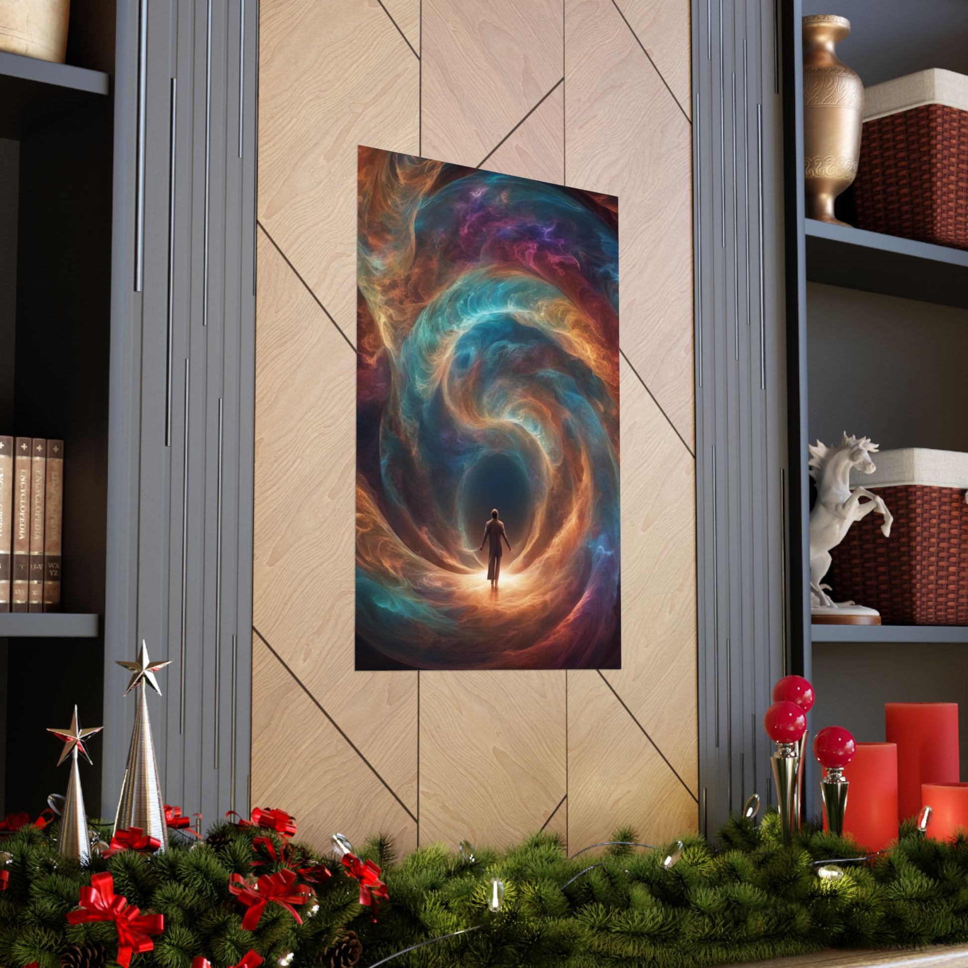 The Portal of Hope Poster elegantly placed between two shelves, adding a touch of spiritual beauty to contemporary home decor.