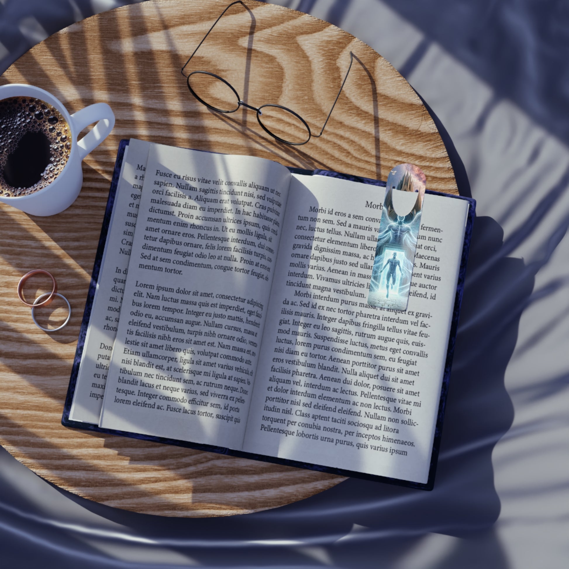 The Rebirth Bookmark resting on a book on a desk, perfect for readers and fantasy lovers.