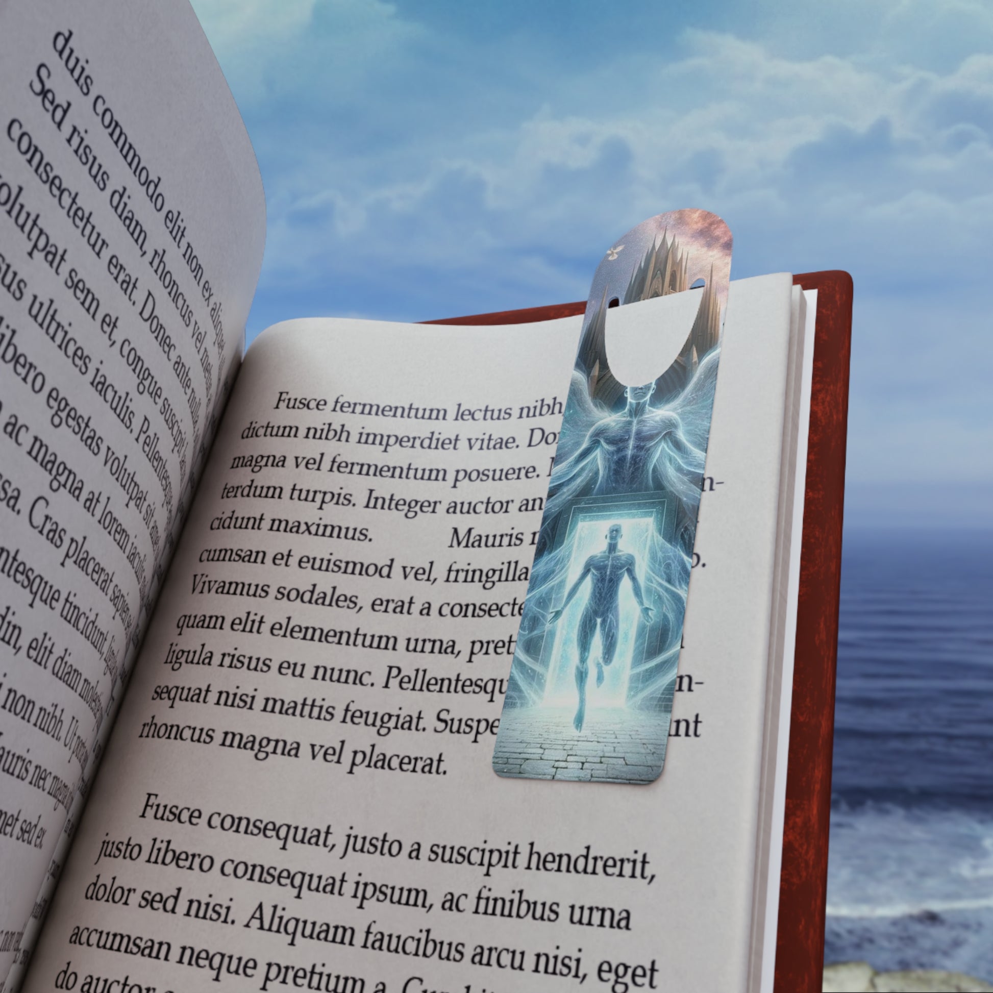 The Rebirth Bookmark placed on a book page, keeping your spot in style with its artistic design.
