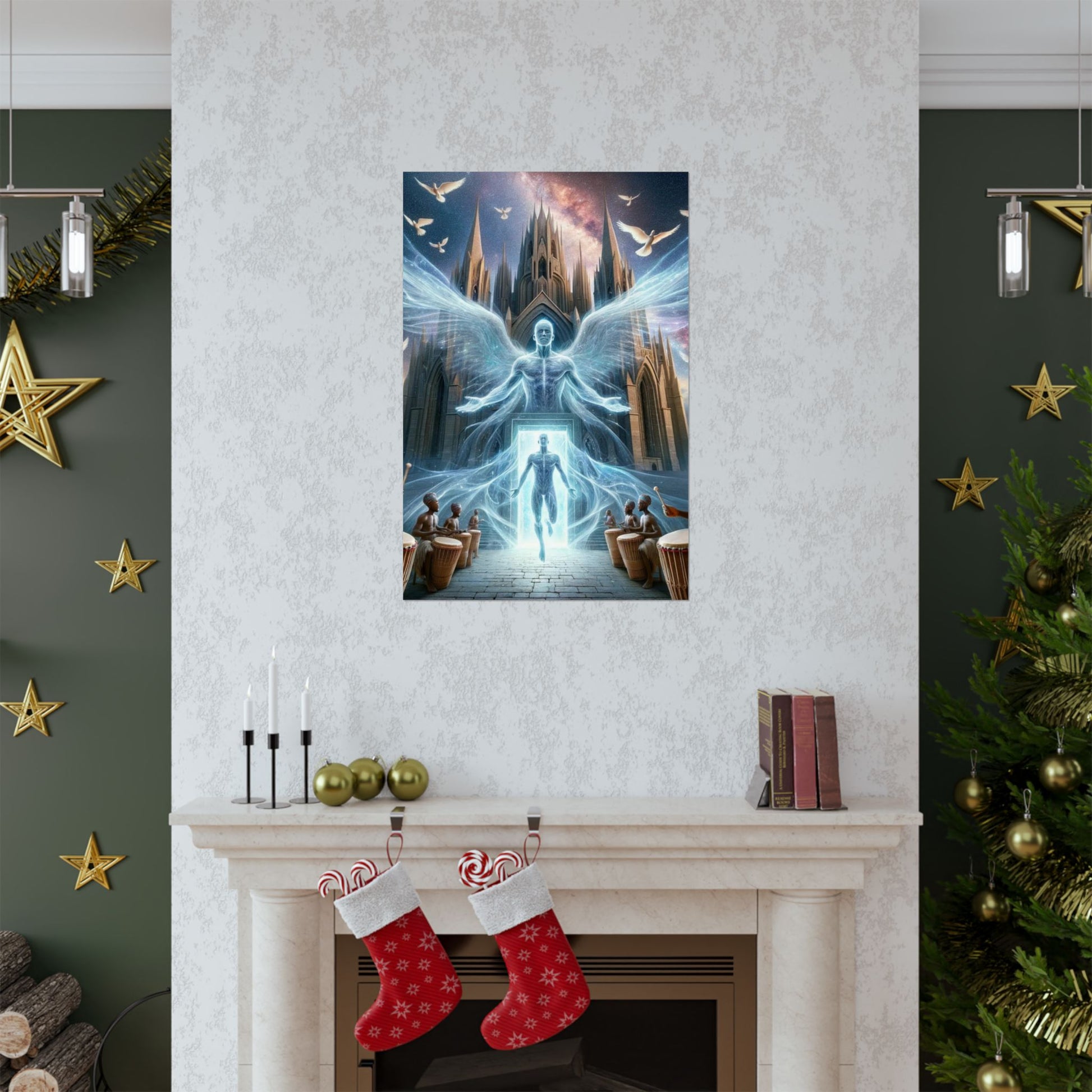 The Rebirth Poster positioned above a fireplace, creating a focal point of warmth, energy, and renewal in the room.