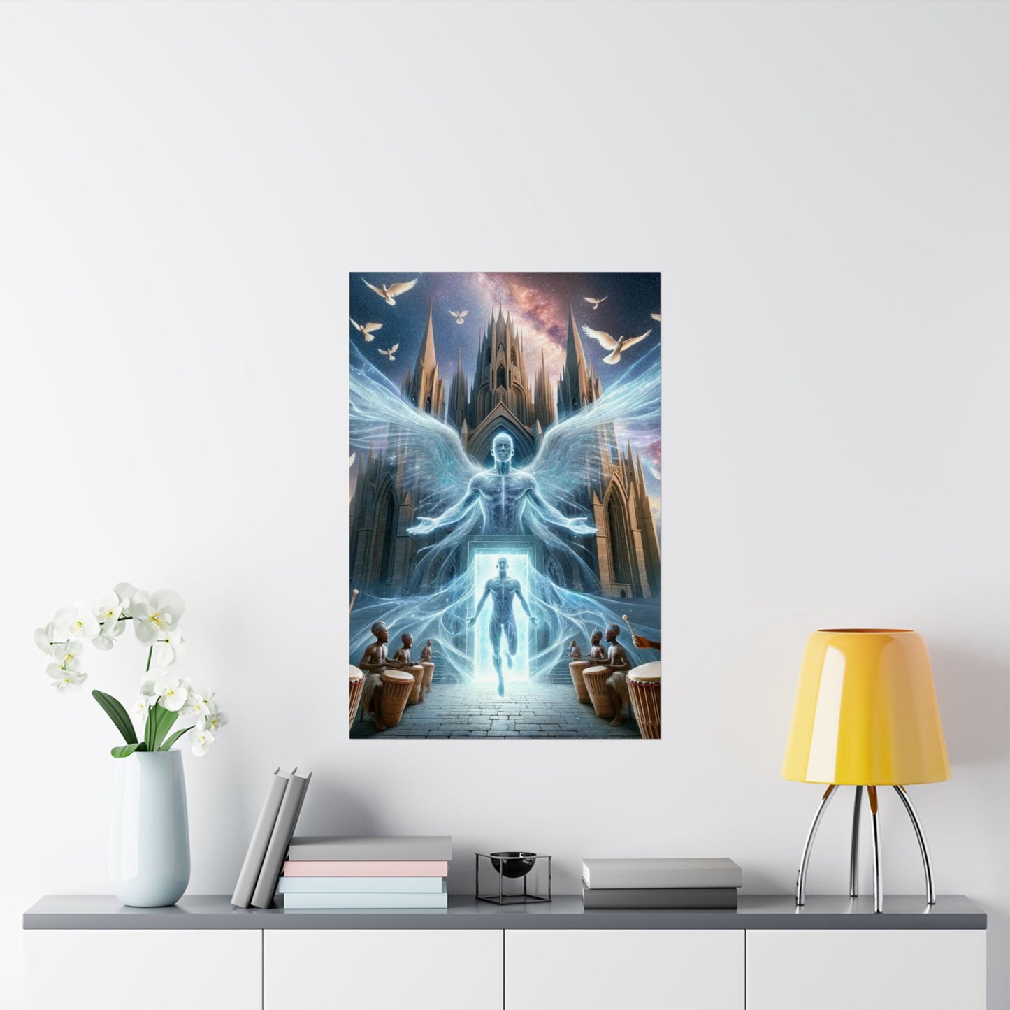 The Rebirth Poster above a desk, inspiring creativity, motivation, and a fresh perspective in a home office setup.