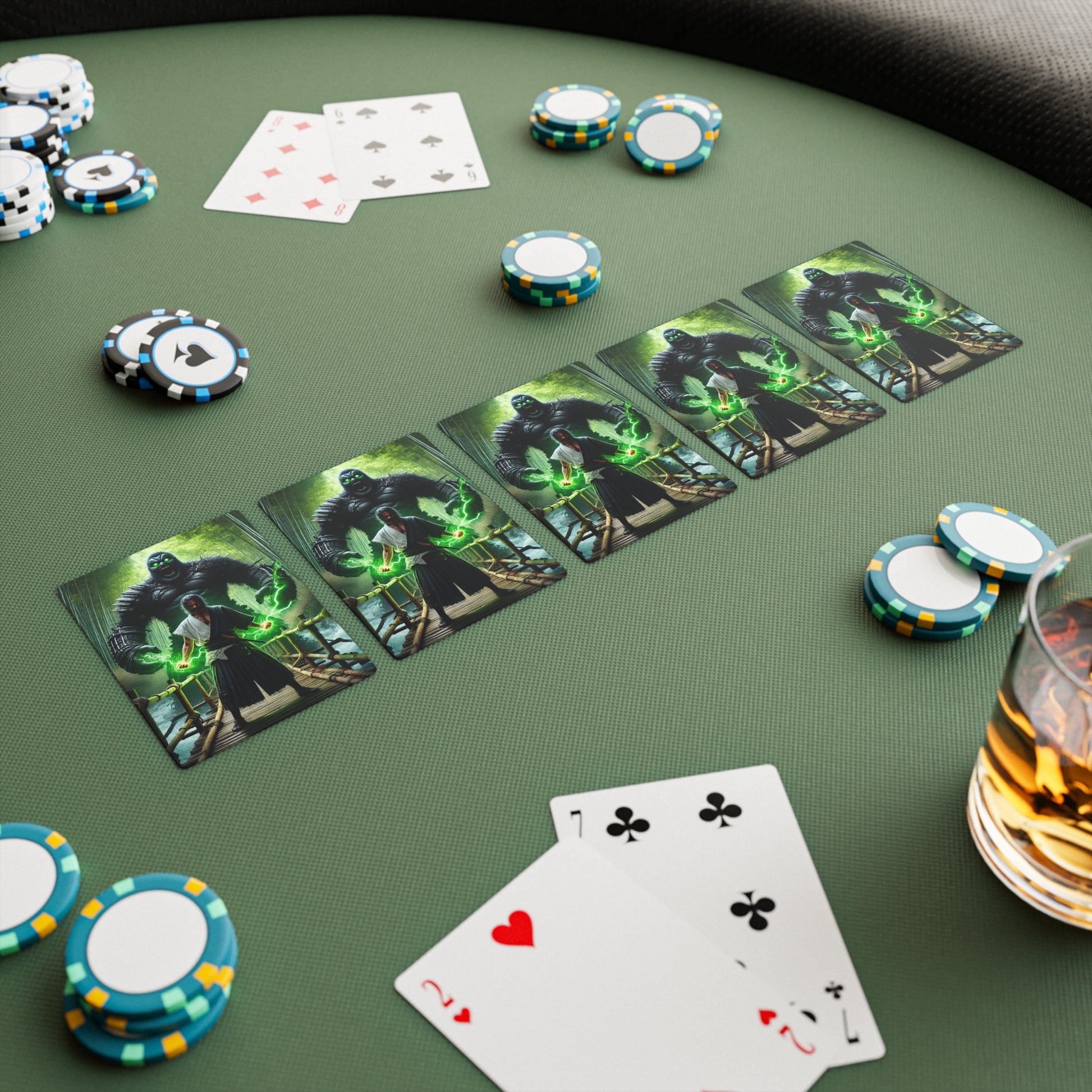 Samurai Poker Cards set on a poker table, adding a stylish and unique touch to game night.