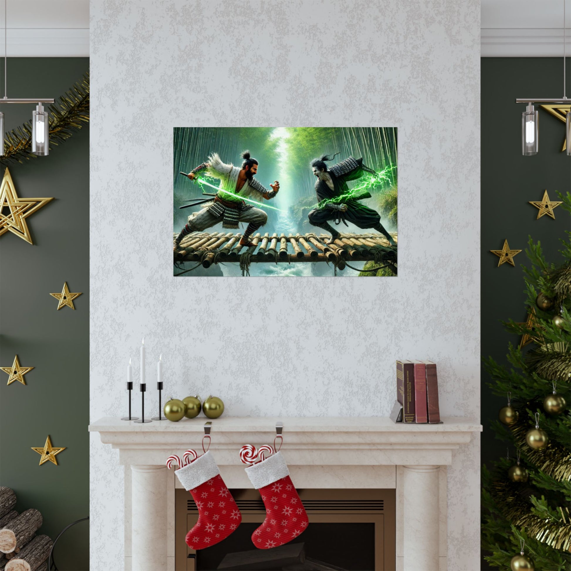 Samurais' Clash Poster positioned above a fireplace, bringing historic warrior energy to any room.