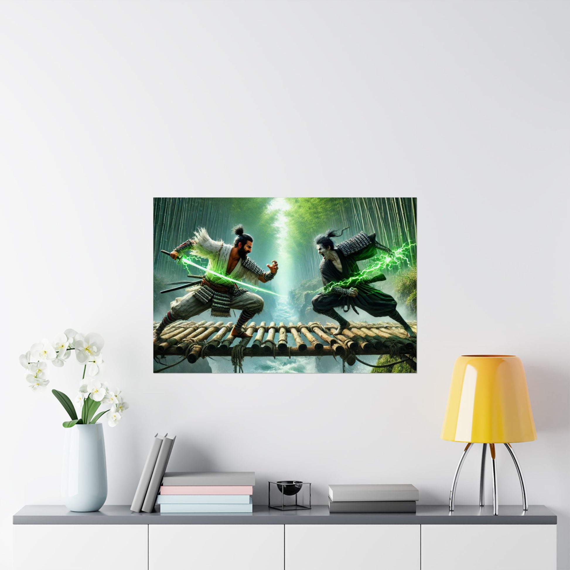 Samurais' Clash Poster above a desk, inspiring discipline and focus in a stylish workspace or office.
