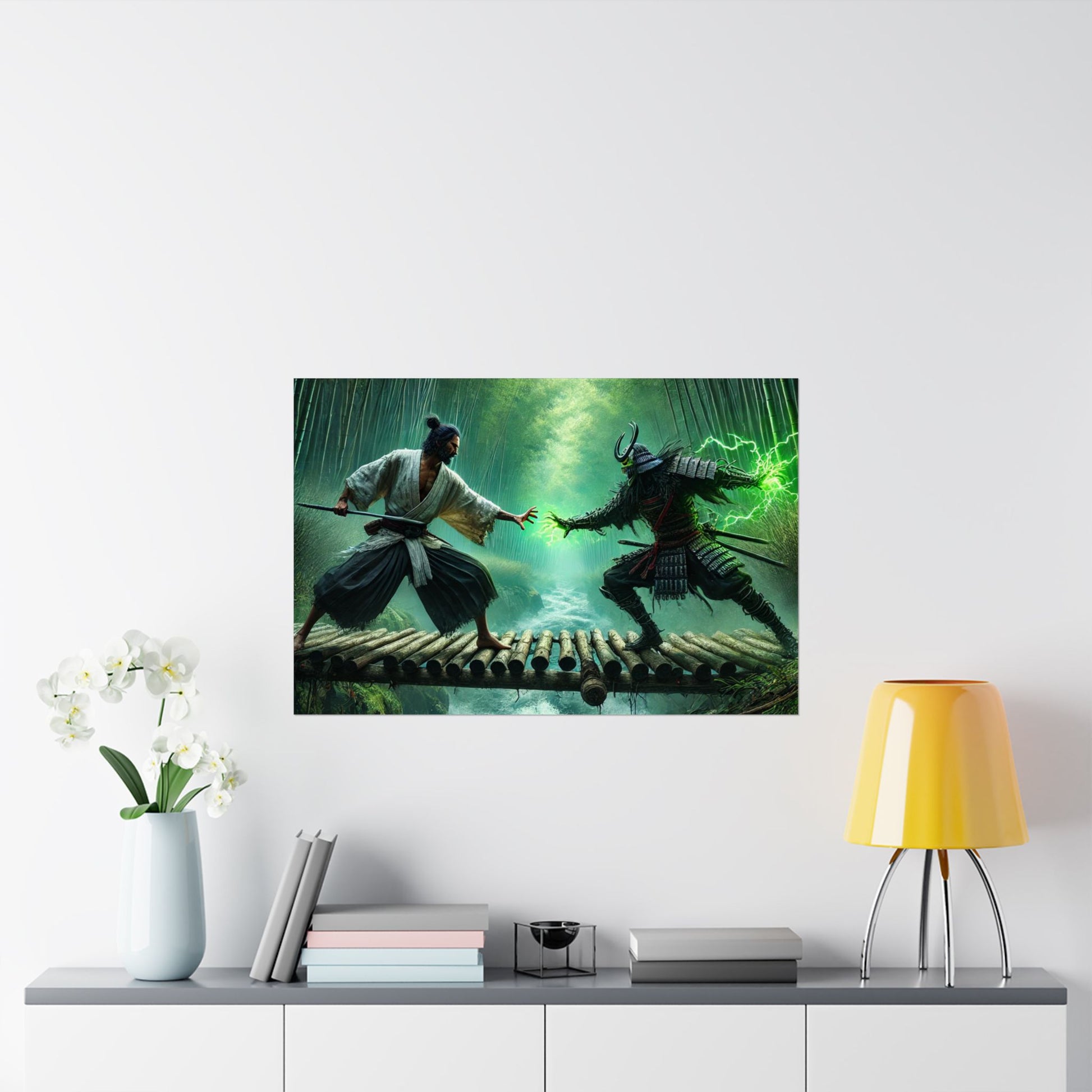 Samurai’s Rage Poster above a desk, creating an inspiring and powerful atmosphere in a focused home office space.