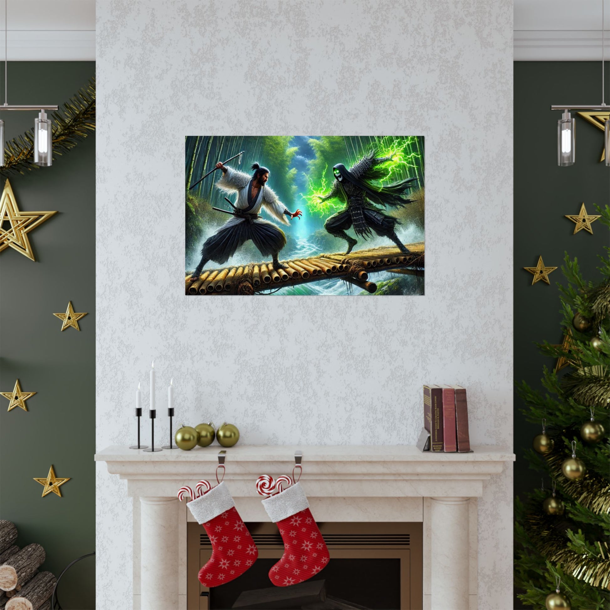 Samurai's Redemption Poster positioned above a fireplace, bringing warrior strength and discipline to the space.
