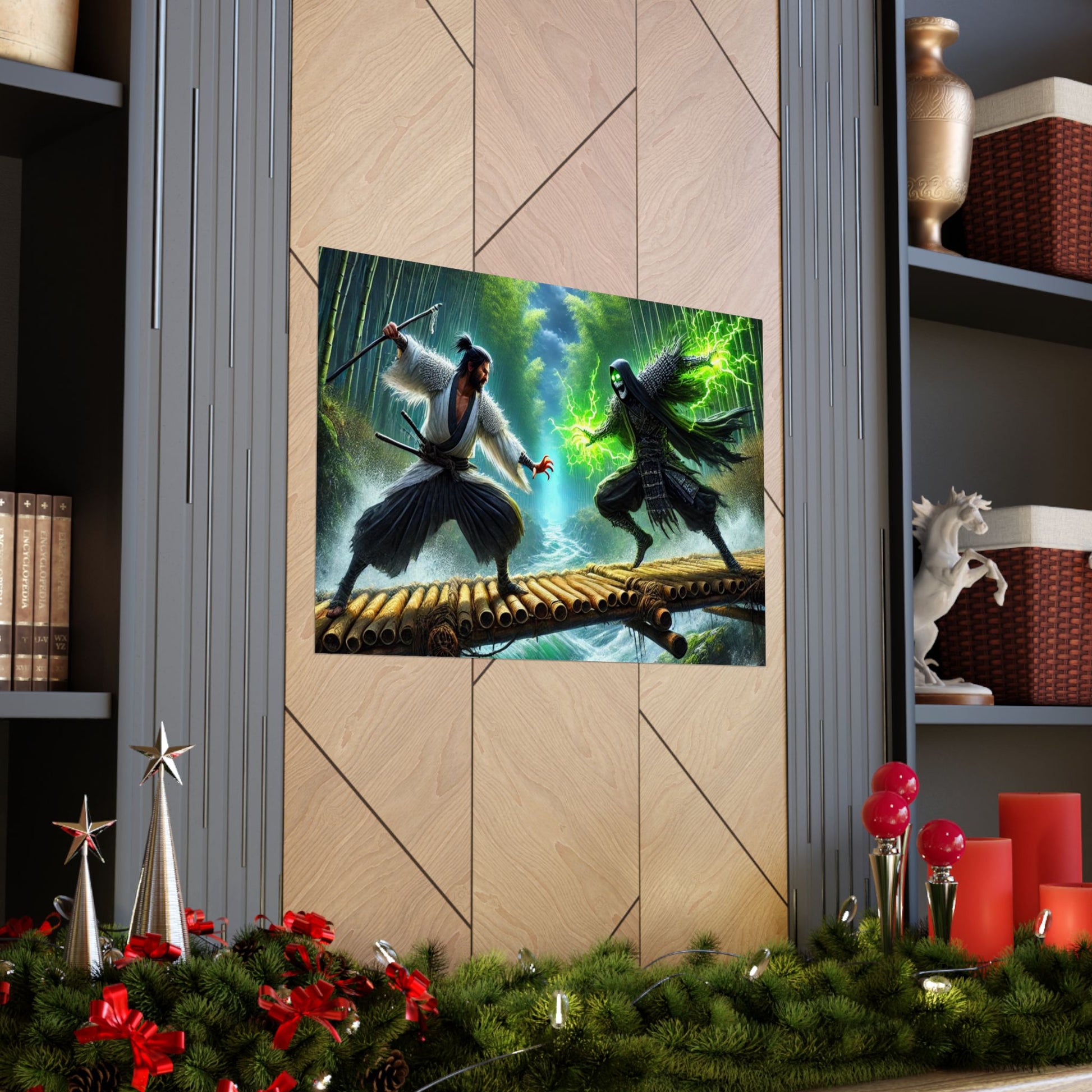 Samurai's Redemption Poster elegantly placed between two shelves, creating a dynamic and cultural statement in modern home decor.