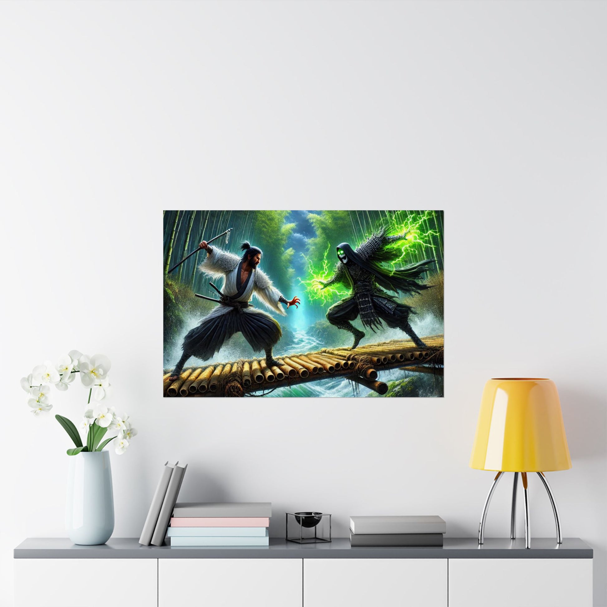 Samurai's Redemption Poster above a desk, inspiring focus, strength, and resilience in a stylish home office setup.