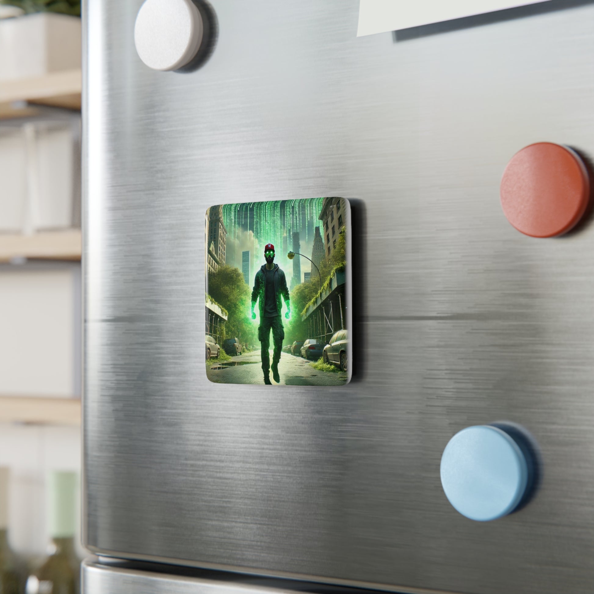 The Simulation Master Magnet firmly attached to a metallic surface, showcasing its striking design and durability.