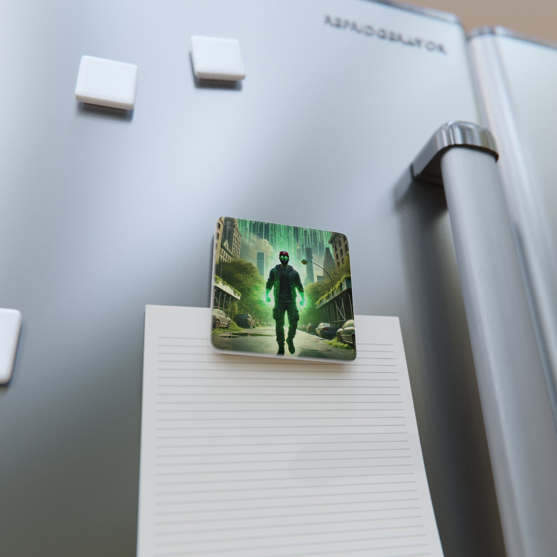 The Simulation Master Magnet on a refrigerator, securely holding a note while adding a touch of sci-fi decor.