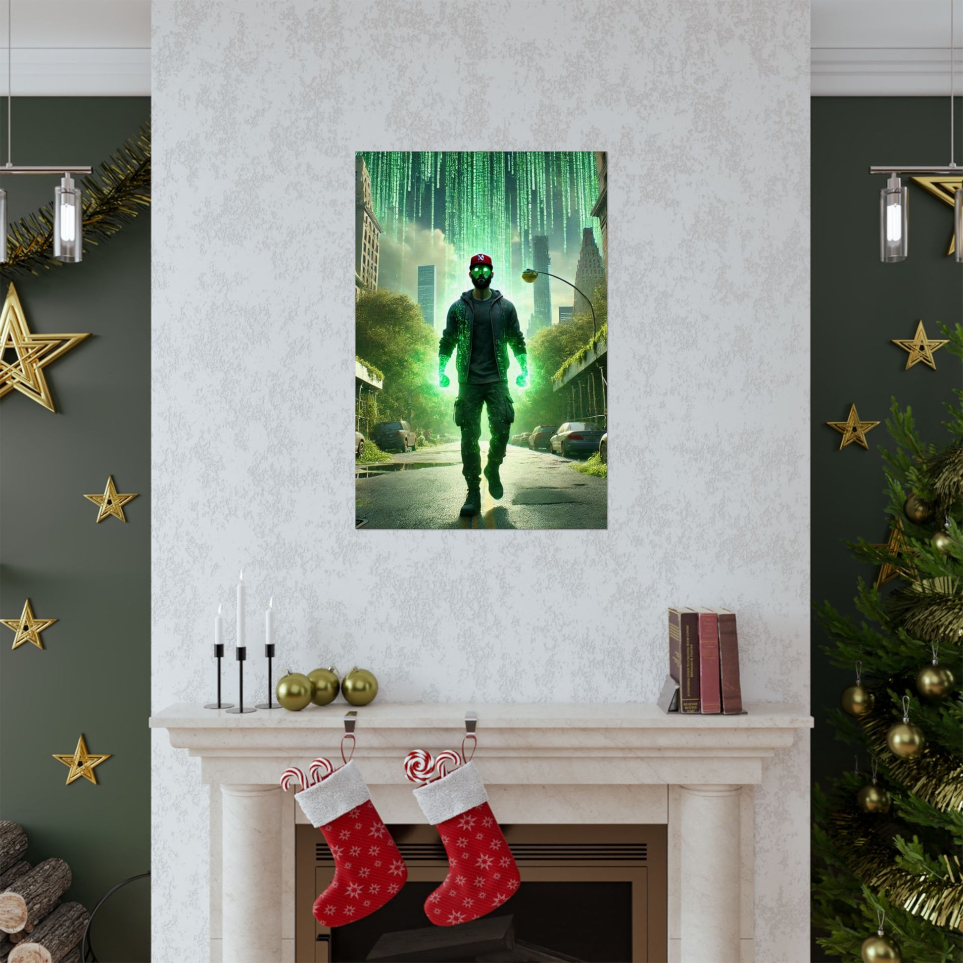 The Simulation Master Poster positioned above a fireplace, bringing futuristic energy and depth to the room's ambiance.