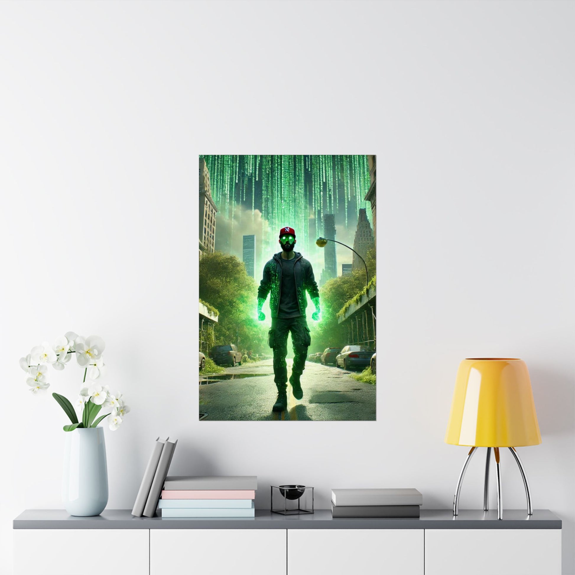The Simulation Master Poster above a desk, inspiring deep thought and creativity in a stylish home office setup.