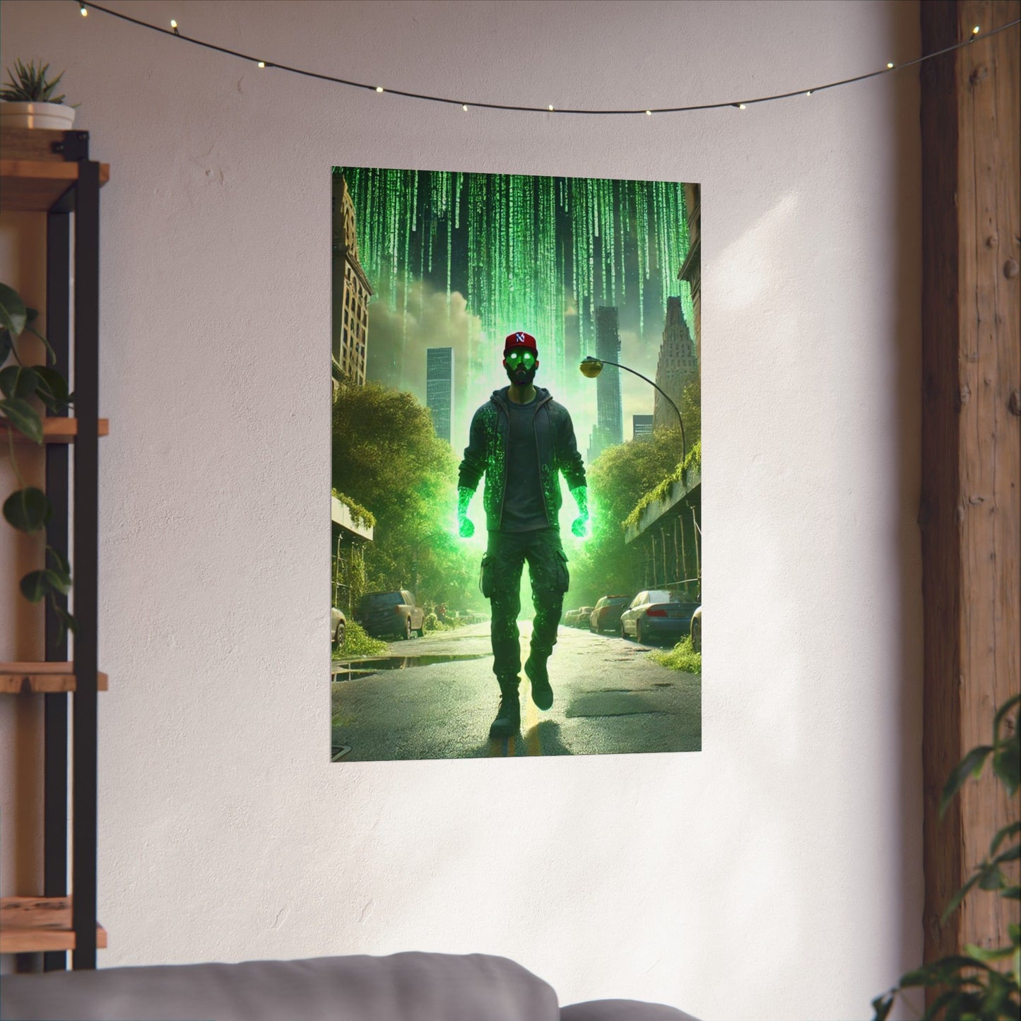 The Simulation Master Poster hung on a neutral wall, showcasing its intricate design as a bold statement piece for any space.