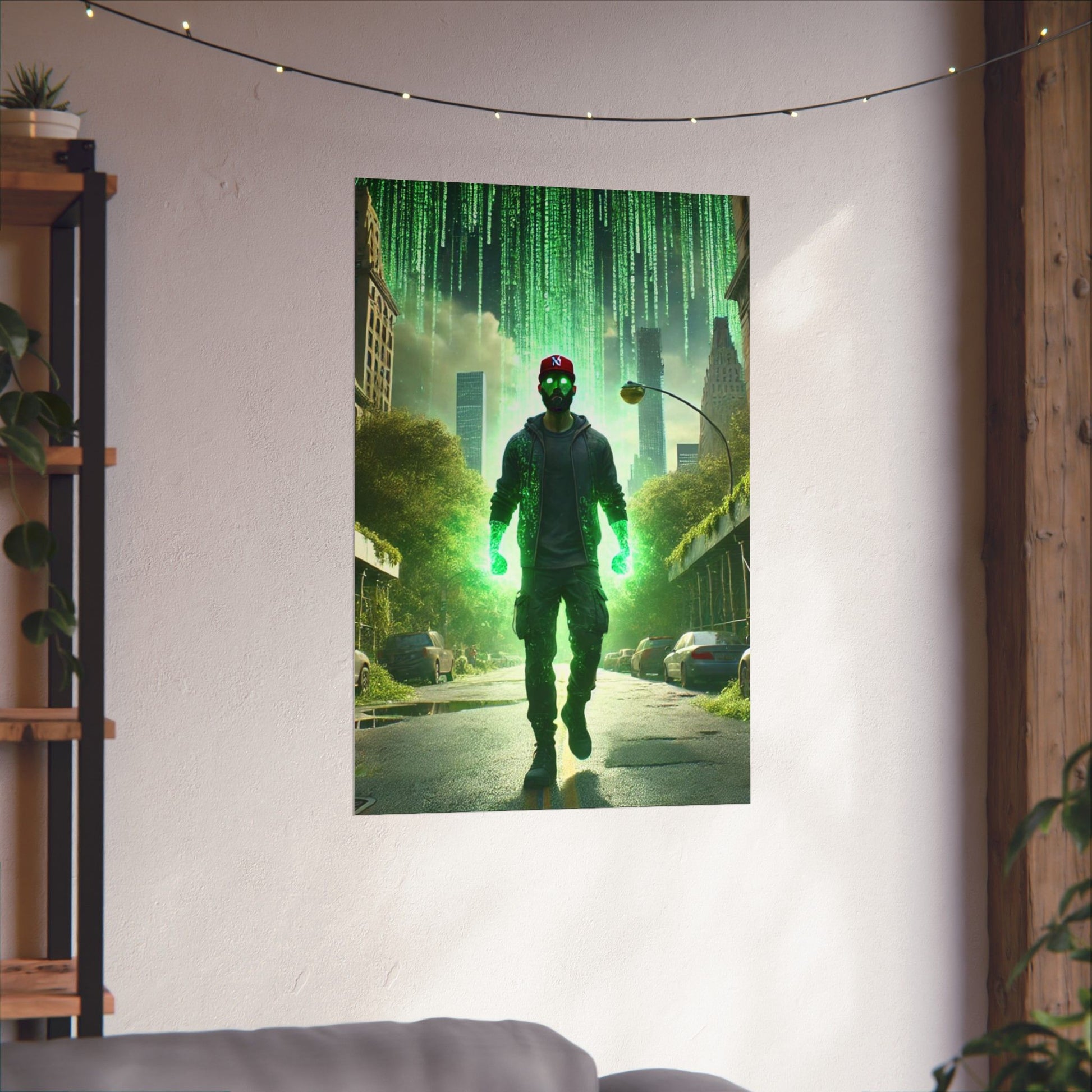 The Simulation Master Poster hung on a neutral wall, showcasing its intricate design as a bold statement piece for any space.