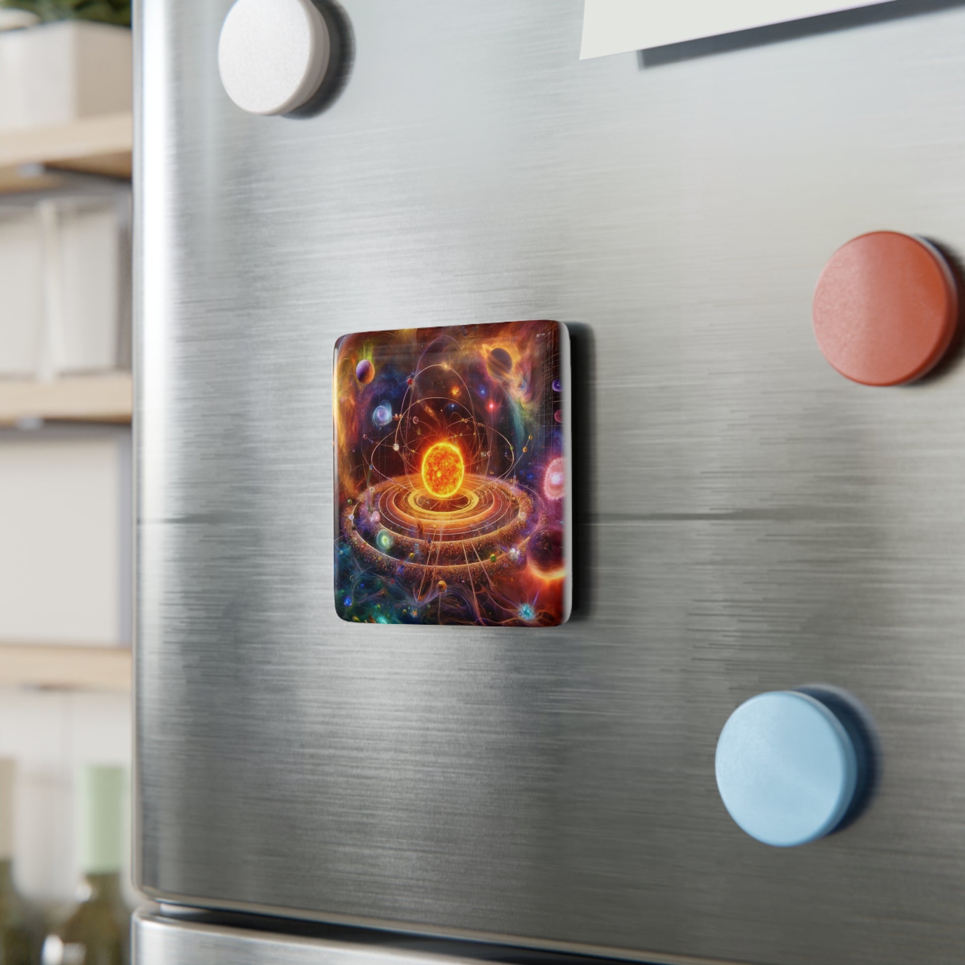 Solar System Magnet displayed on a metallic surface, showcasing its vibrant space-themed design.