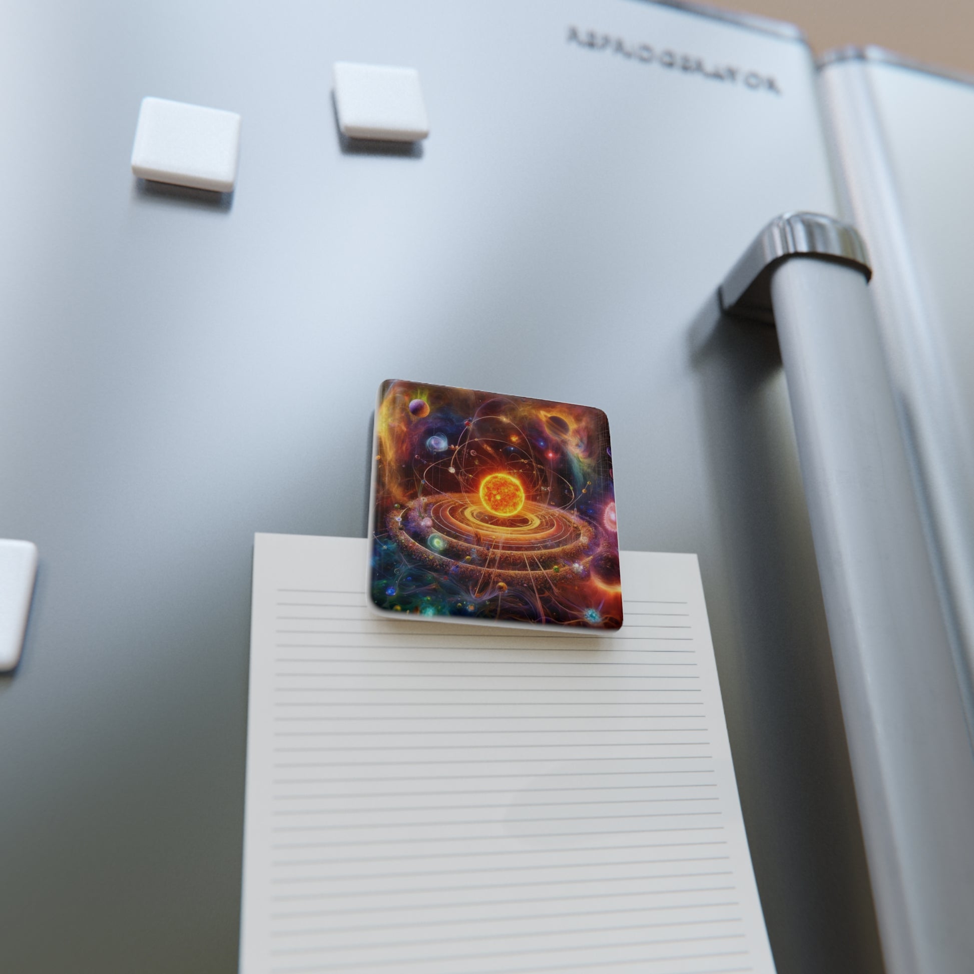 Solar System Magnet holding a note on a refrigerator, combining space-inspired decor with functionality.